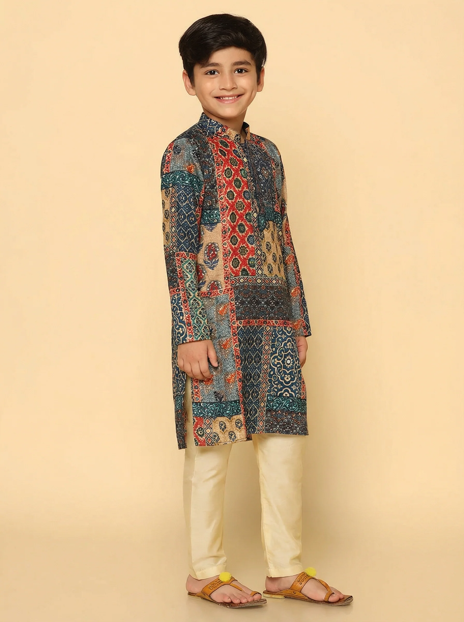 Multicolor Cotton Blend Printed Kurta Pyjama Set - Image 3