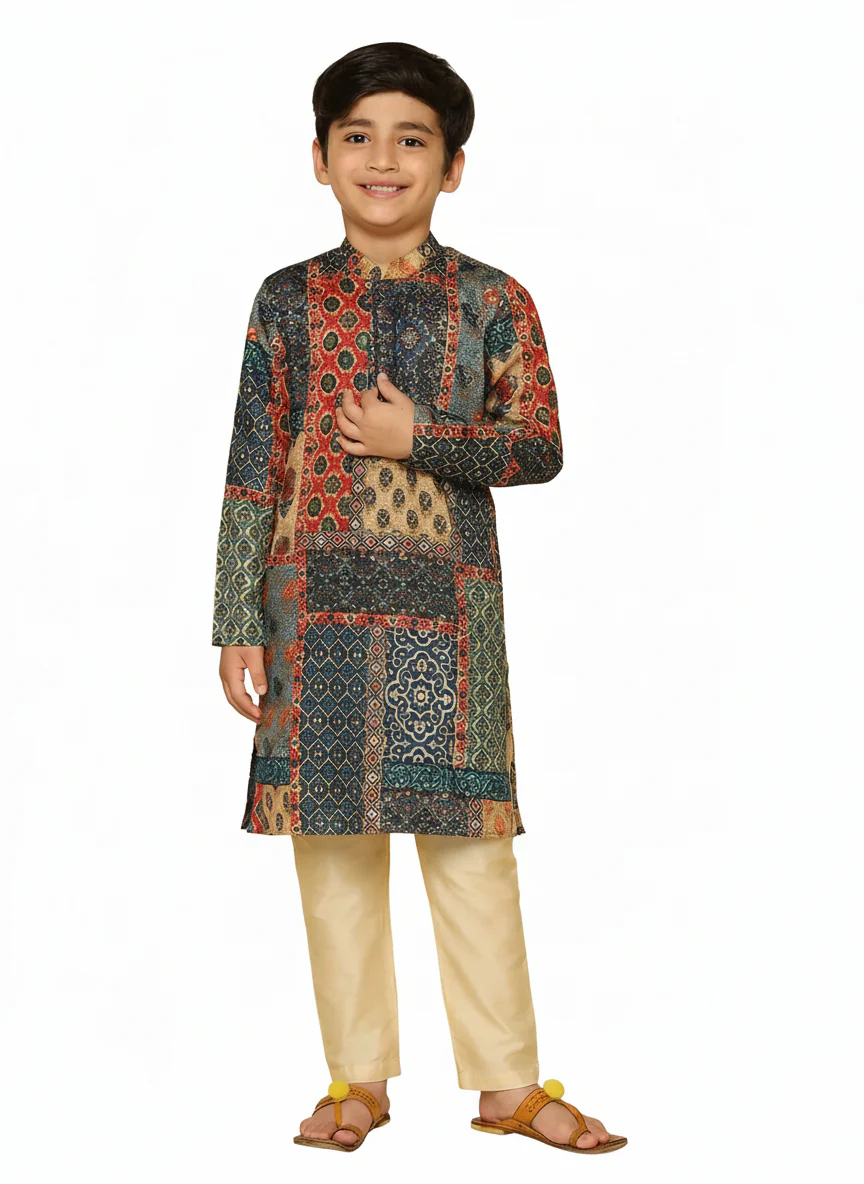 Multicolor Cotton Blend Printed Kurta Pyjama Set - Image 7