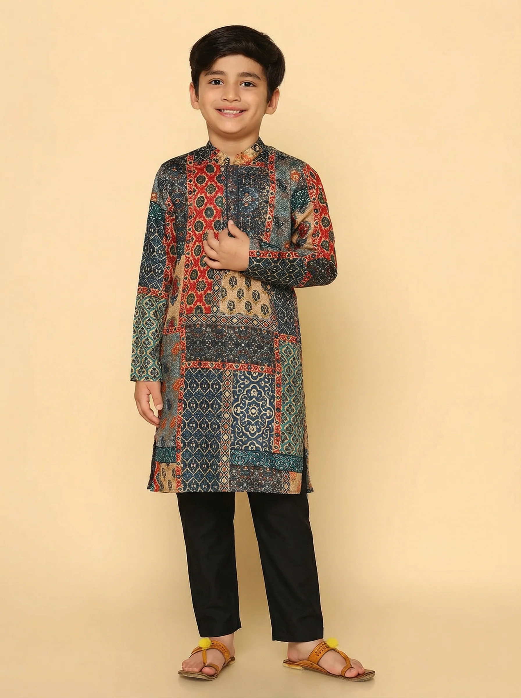 Multicolor Cotton Blend Printed Kurta Pyjama Set - Image 3