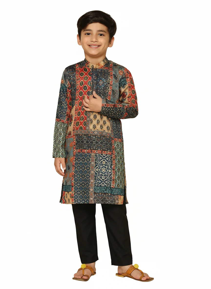 Multicolor Cotton Blend Printed Kurta Pyjama Set - Image 7
