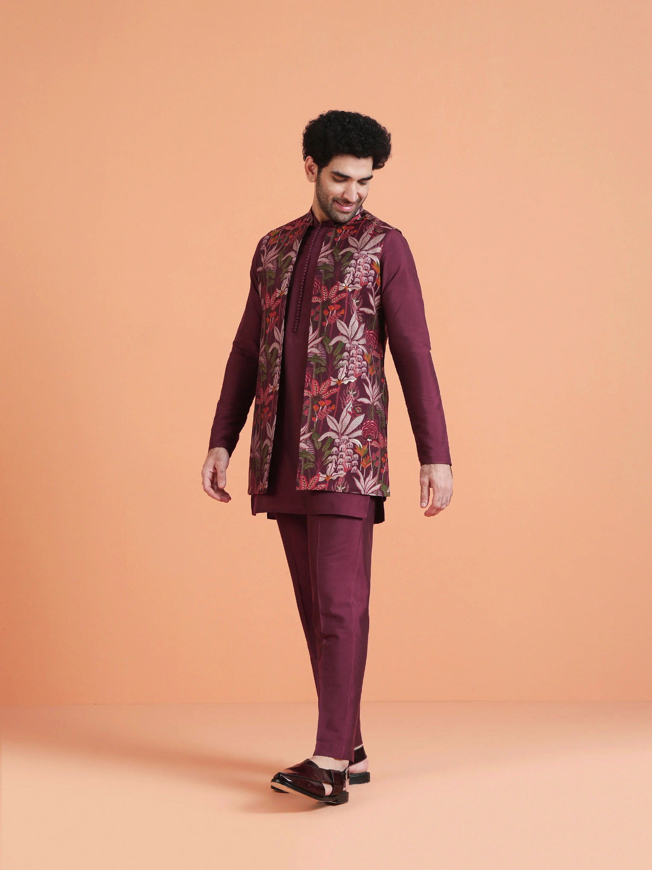 Maroon Silk Blend Floral Printed Long Jacket Set - Image 2
