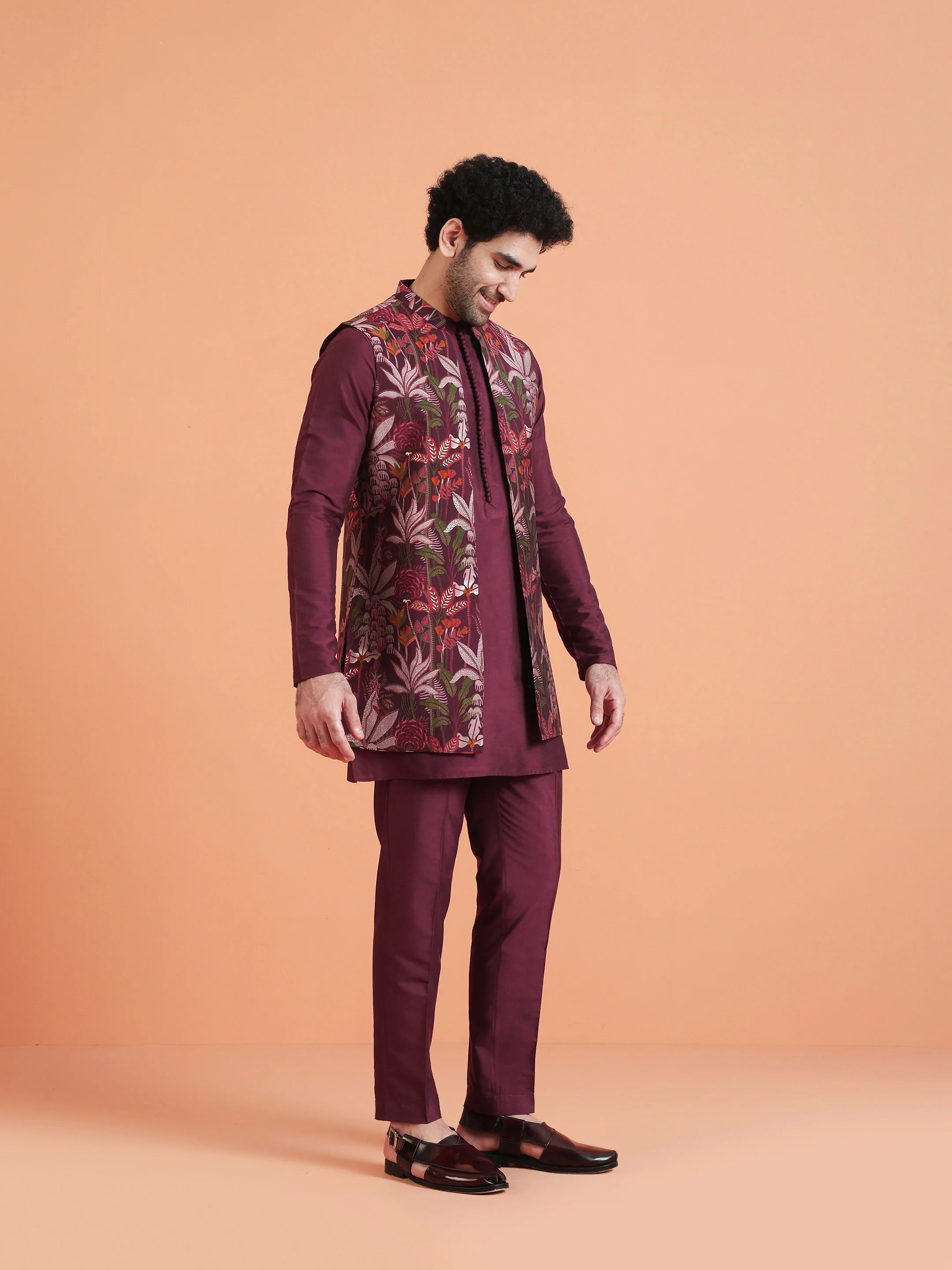 Maroon Silk Blend Floral Printed Long Jacket Set - Image 3