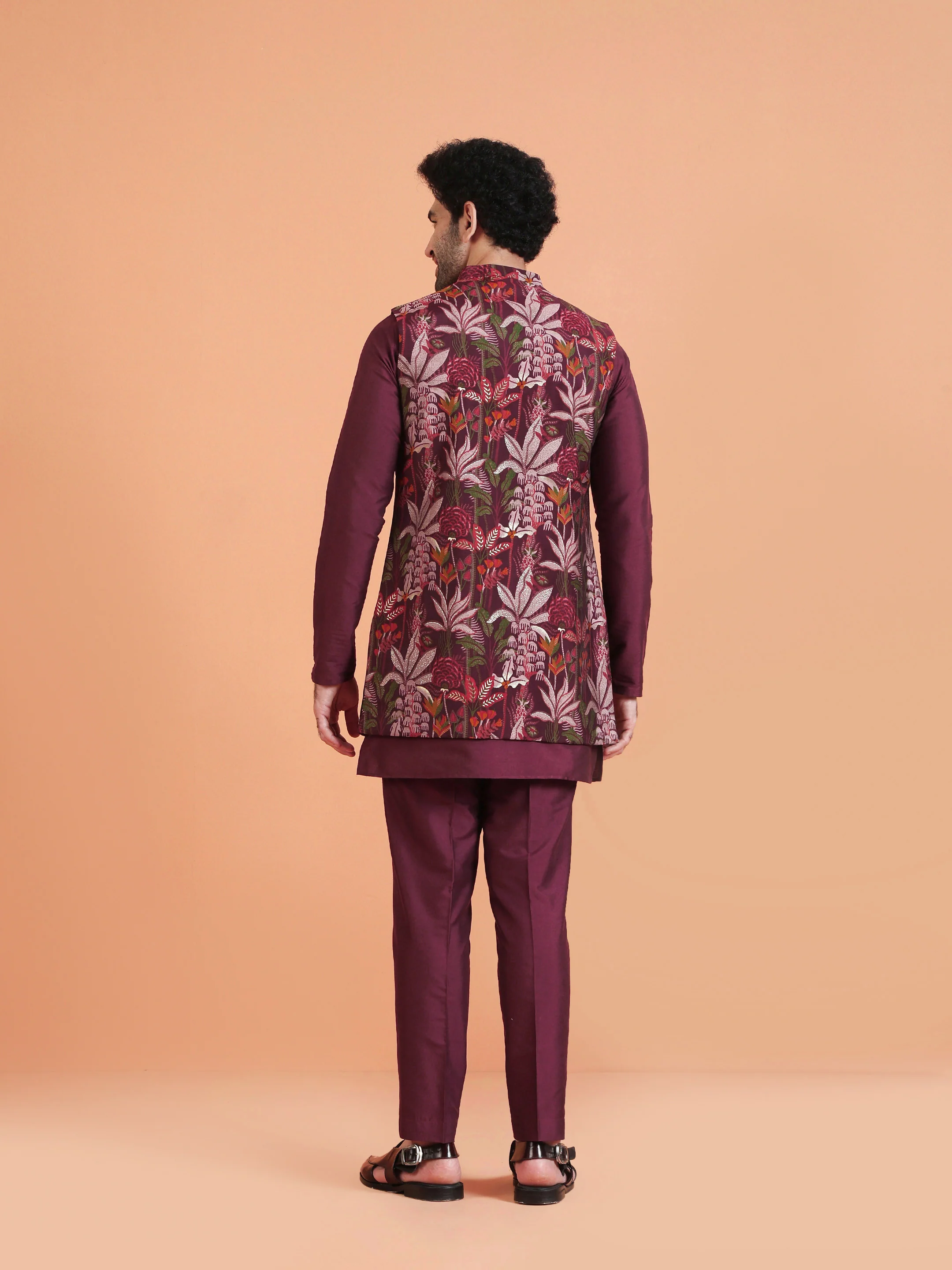Maroon Silk Blend Floral Printed Long Jacket Set - Image 4