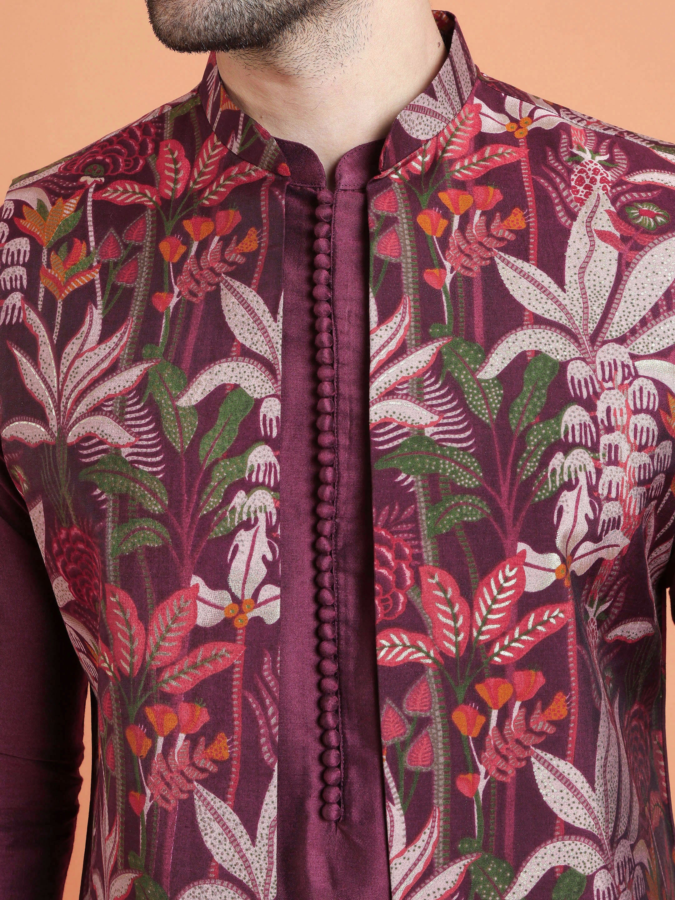 Maroon Silk Blend Floral Printed Long Jacket Set - Image 5