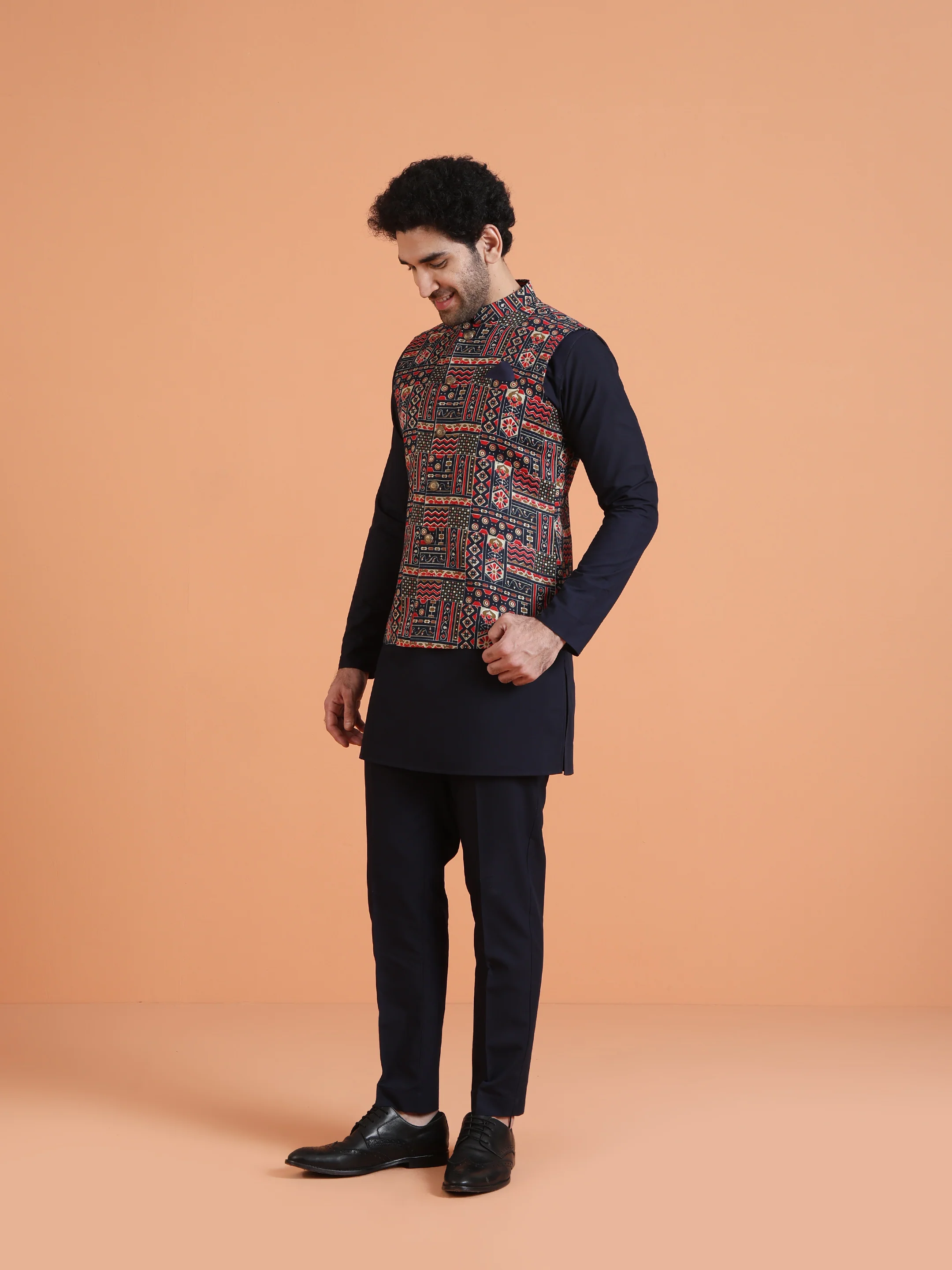 Multicolor Printed Cotton Silk Nehru Jacket - Image 3