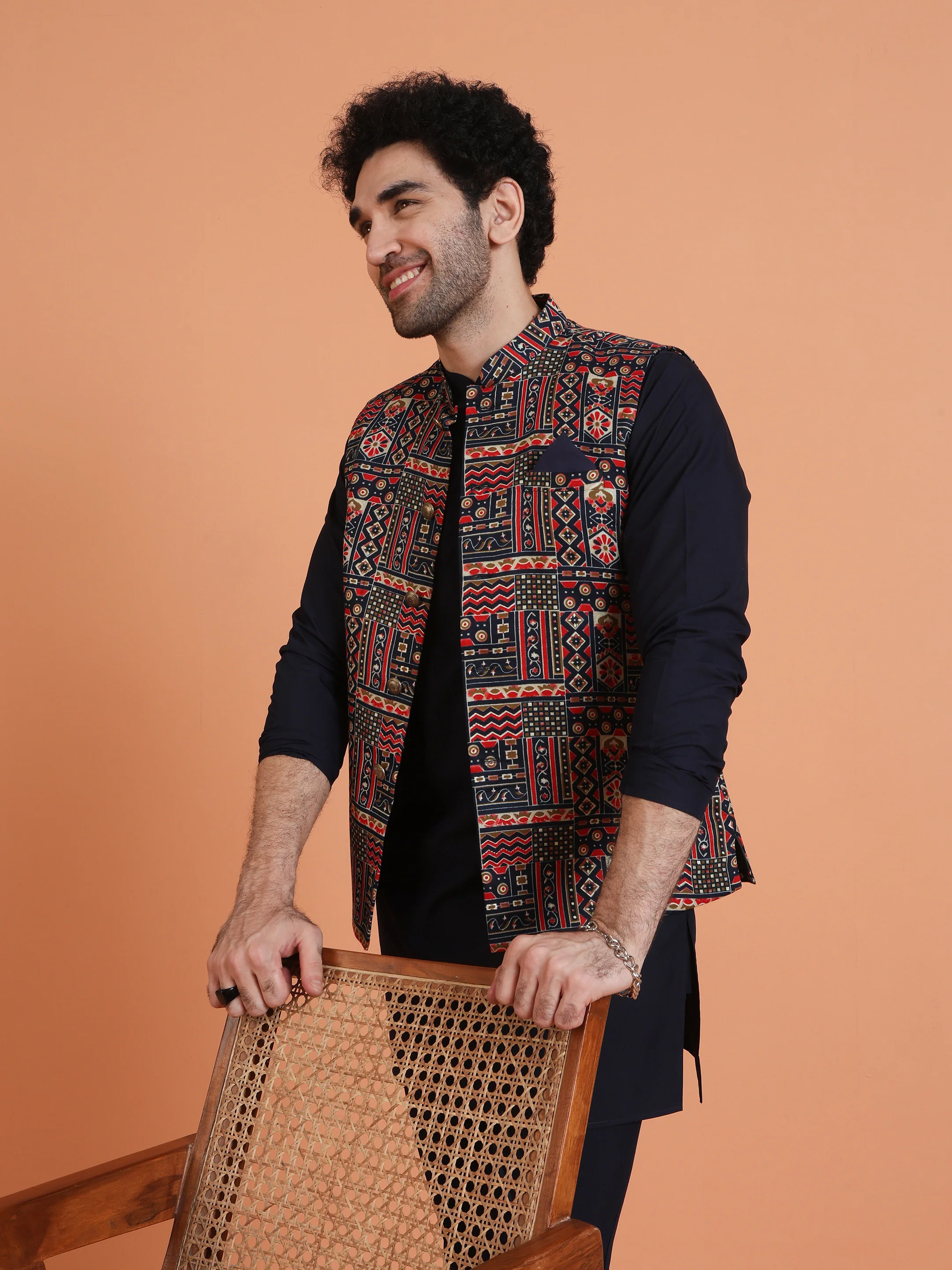 Multicolor Printed Cotton Silk Nehru Jacket - Image 8