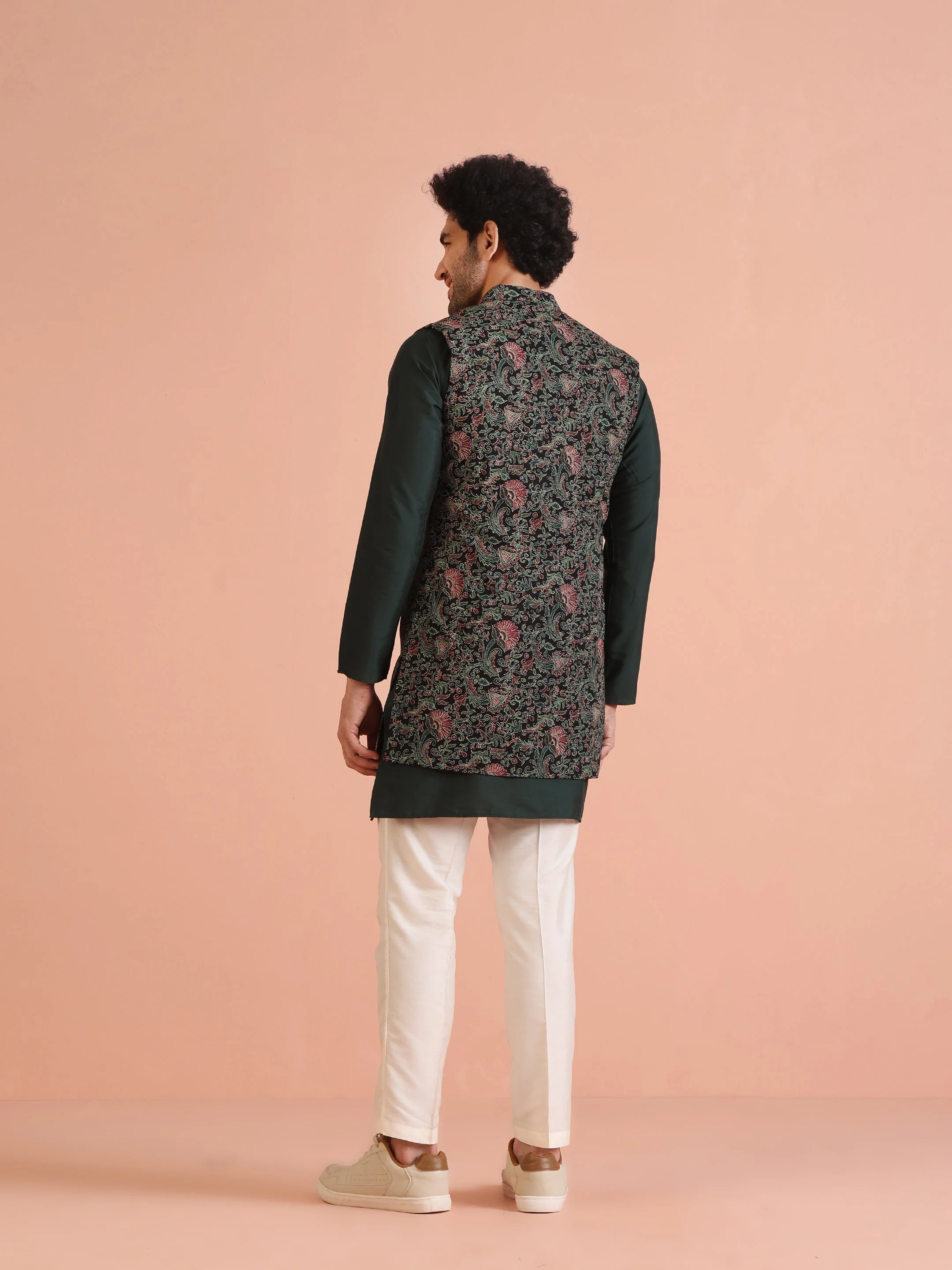 Multicolor Printed Nehru Jacket Green Kurta Set - Image 4