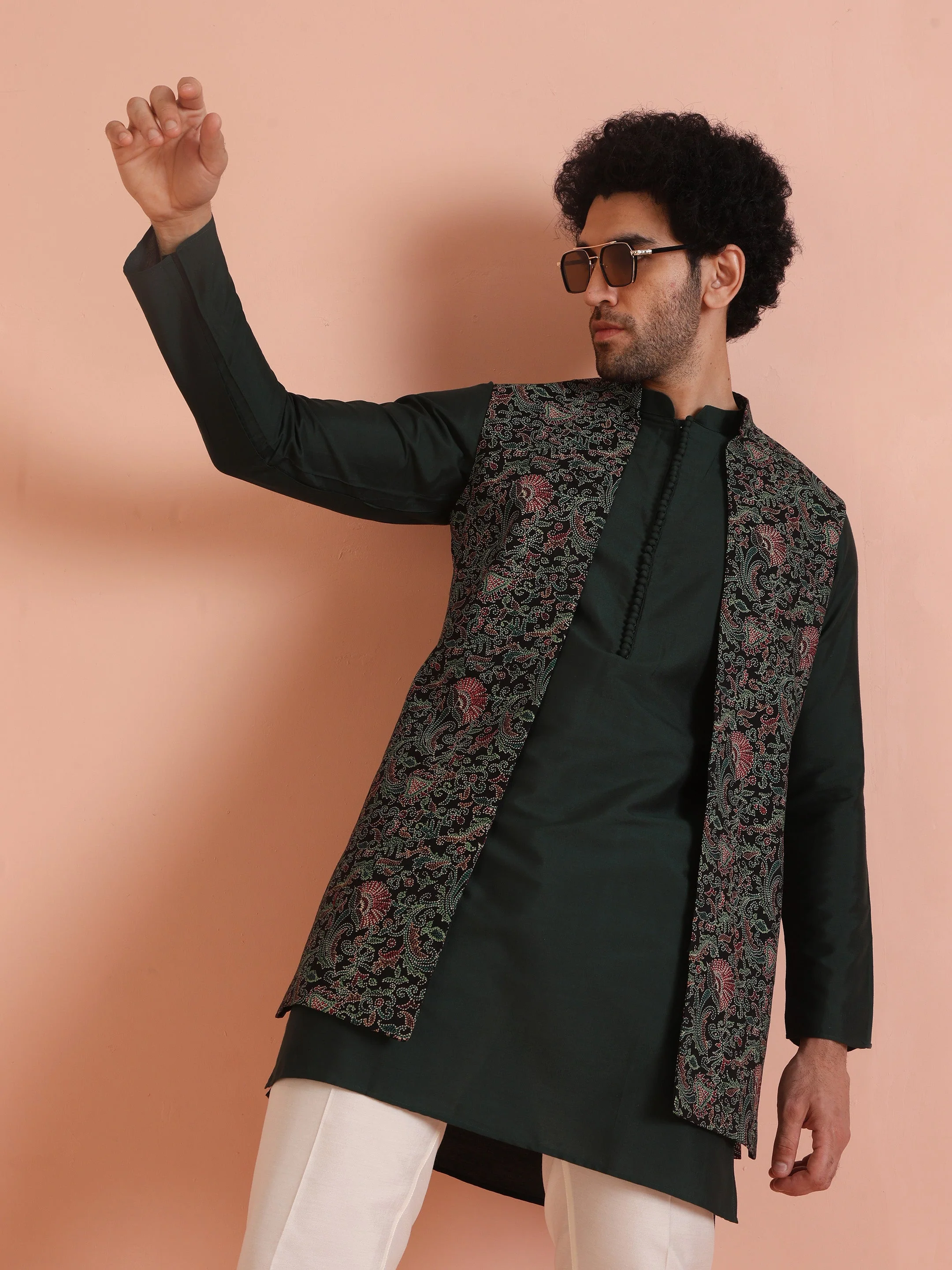Multicolor Printed Nehru Jacket Green Kurta Set - Image 7