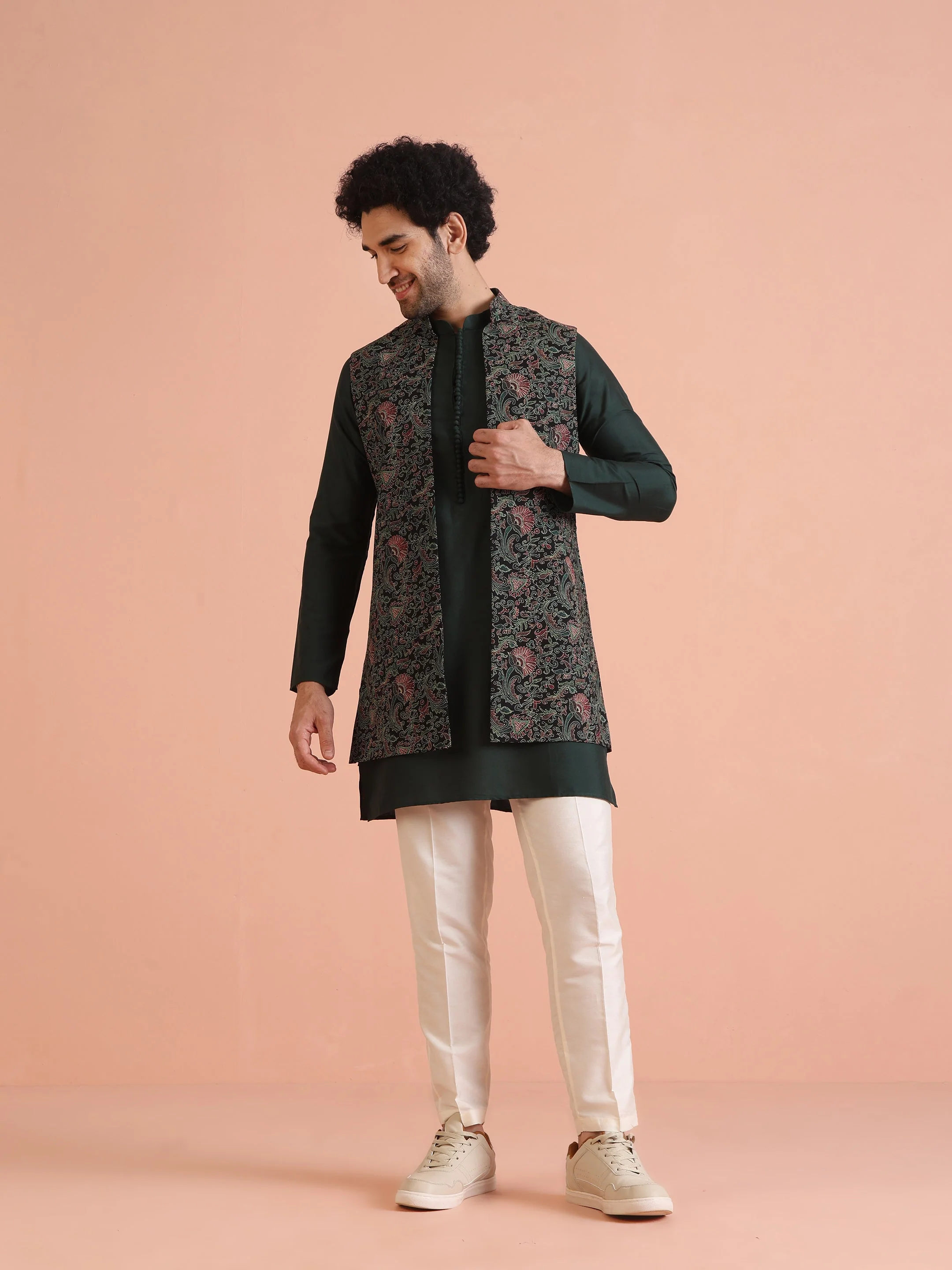 Multicolor Printed Nehru Jacket Green Kurta Set - Image 8