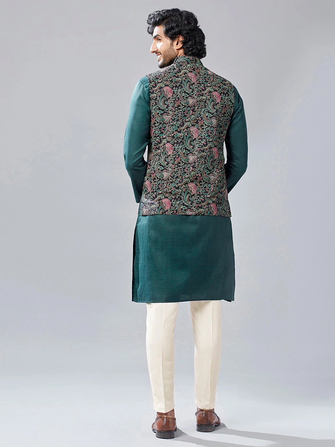 Multicolored Embroidered Jacket Set with Green Kurta & Cream Bottomwear - Image 5
