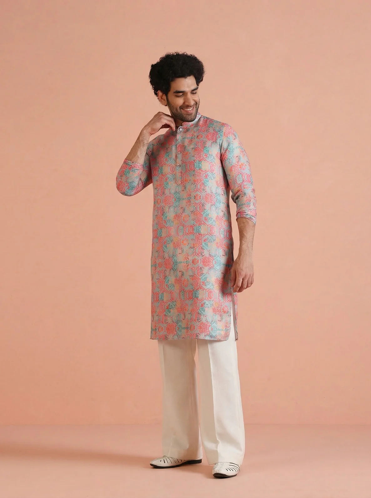Multicolour Art Silk Printed Kurta Wide Leg Trouser Set - Image 2