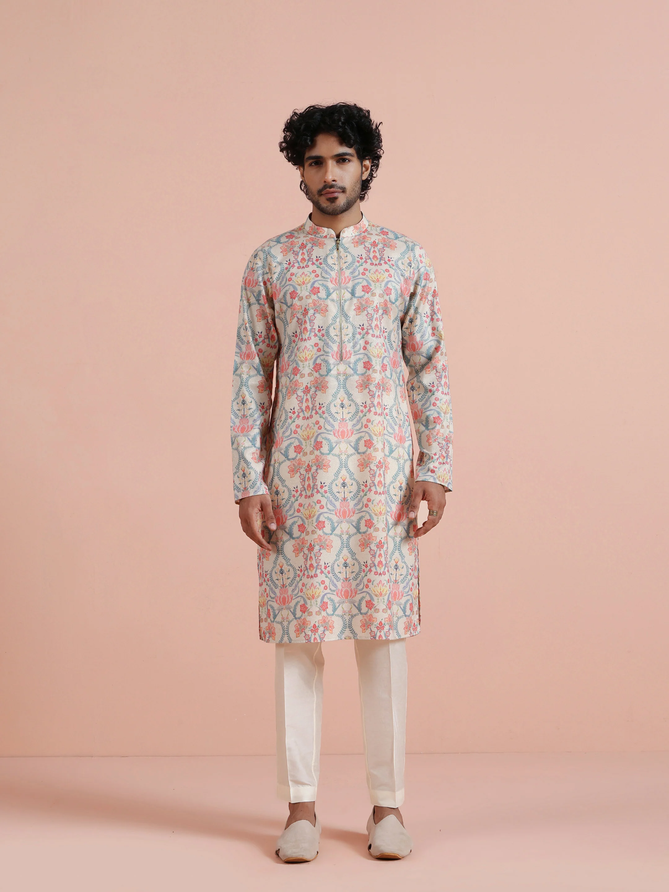 Multicolour Polyviscose Floral Printed Kurta With Zip Trouser Set - Image 7