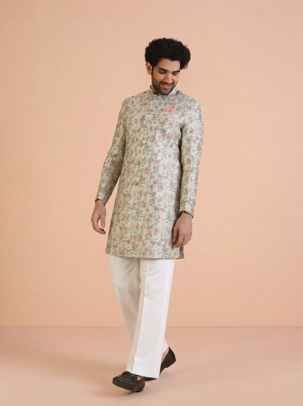 Multicolour Silk Blend Jacquard Sherwani Wide Leg Trouser Set