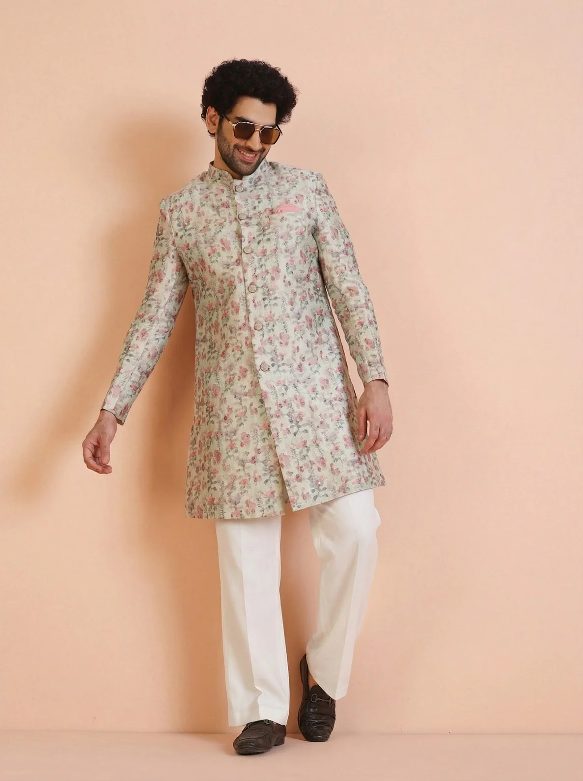 Multicolour Silk Blend Jacquard Sherwani Wide Leg Trouser Set - Image 2