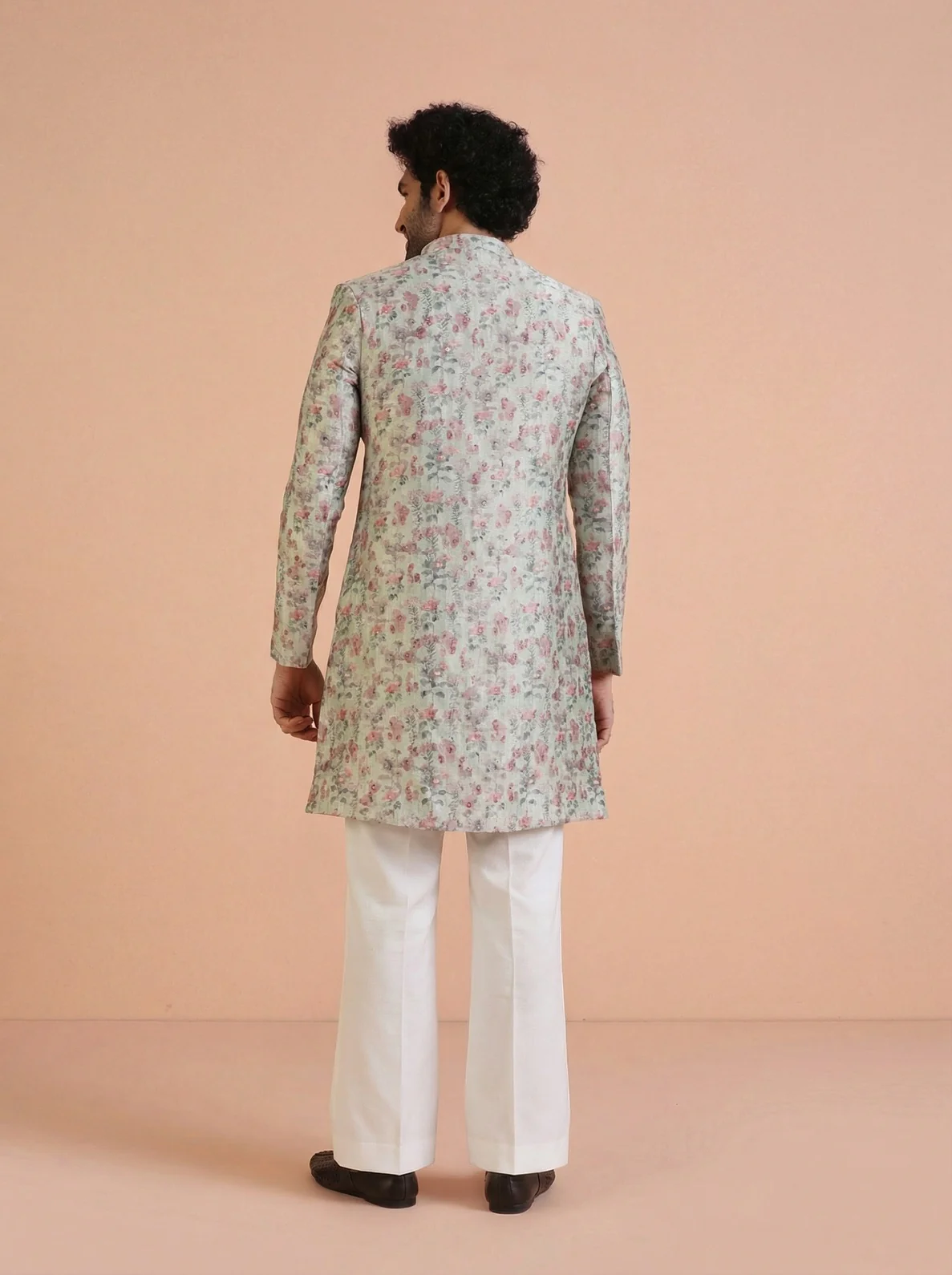 Multicolour Silk Blend Jacquard Sherwani Wide Leg Trouser Set - Image 3