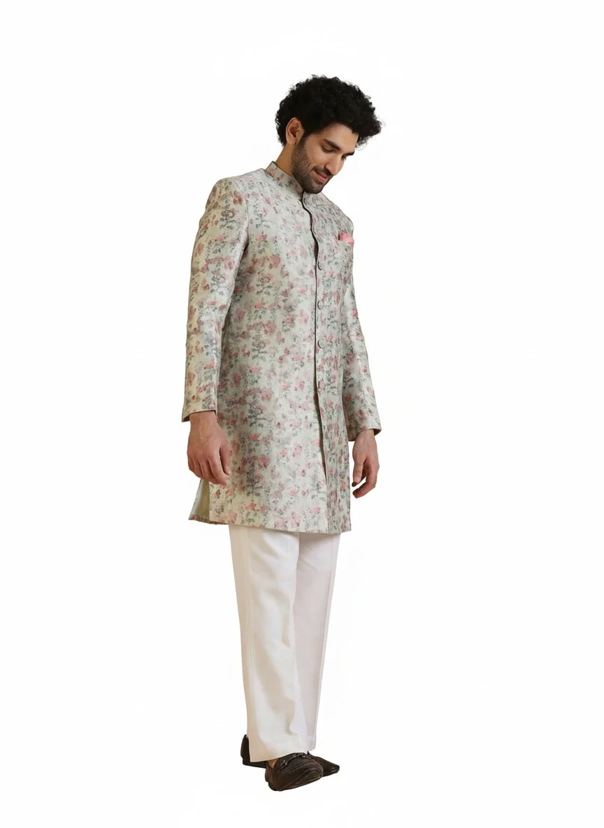 Multicolour Silk Blend Jacquard Sherwani Wide Leg Trouser Set - Image 8
