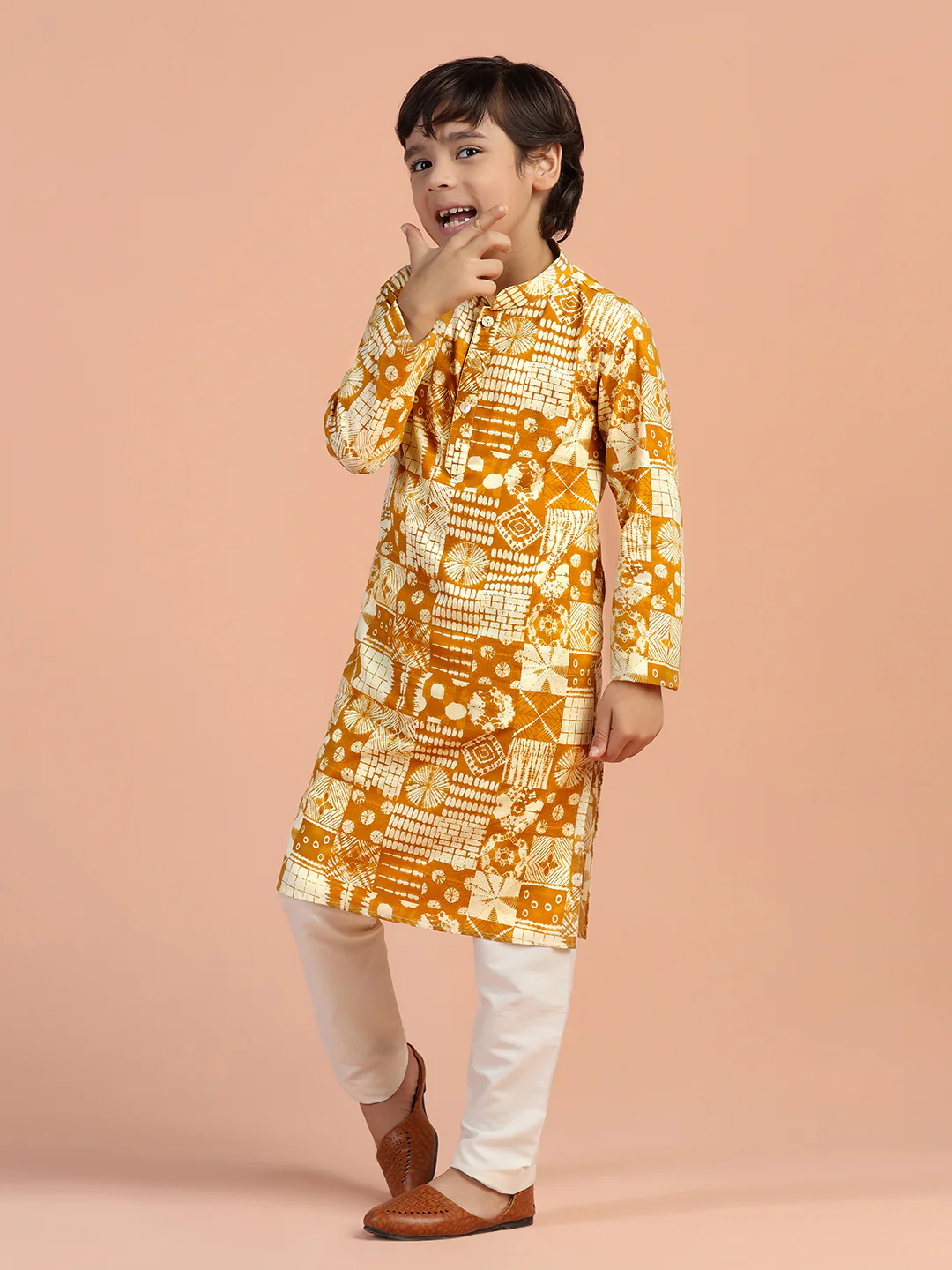 Mustard Geometric Print Kids Kurta Set - Image 2
