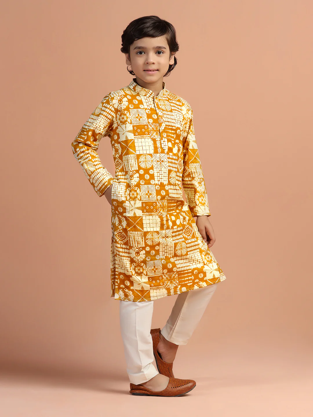 Mustard Geometric Print Kids Kurta Set - Image 3