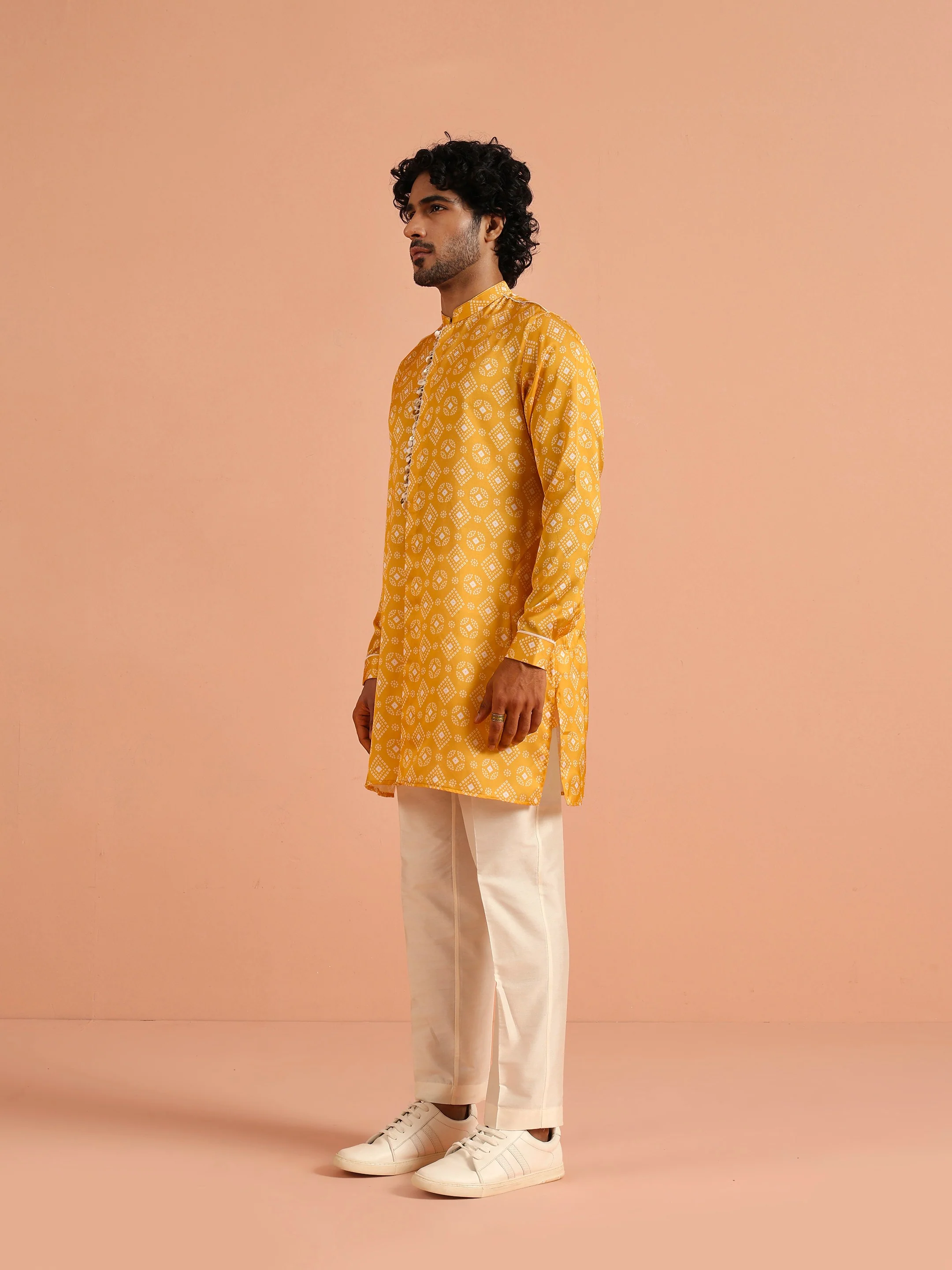 Mustard Printed Cotton Kurta Trouser Set - Image 2