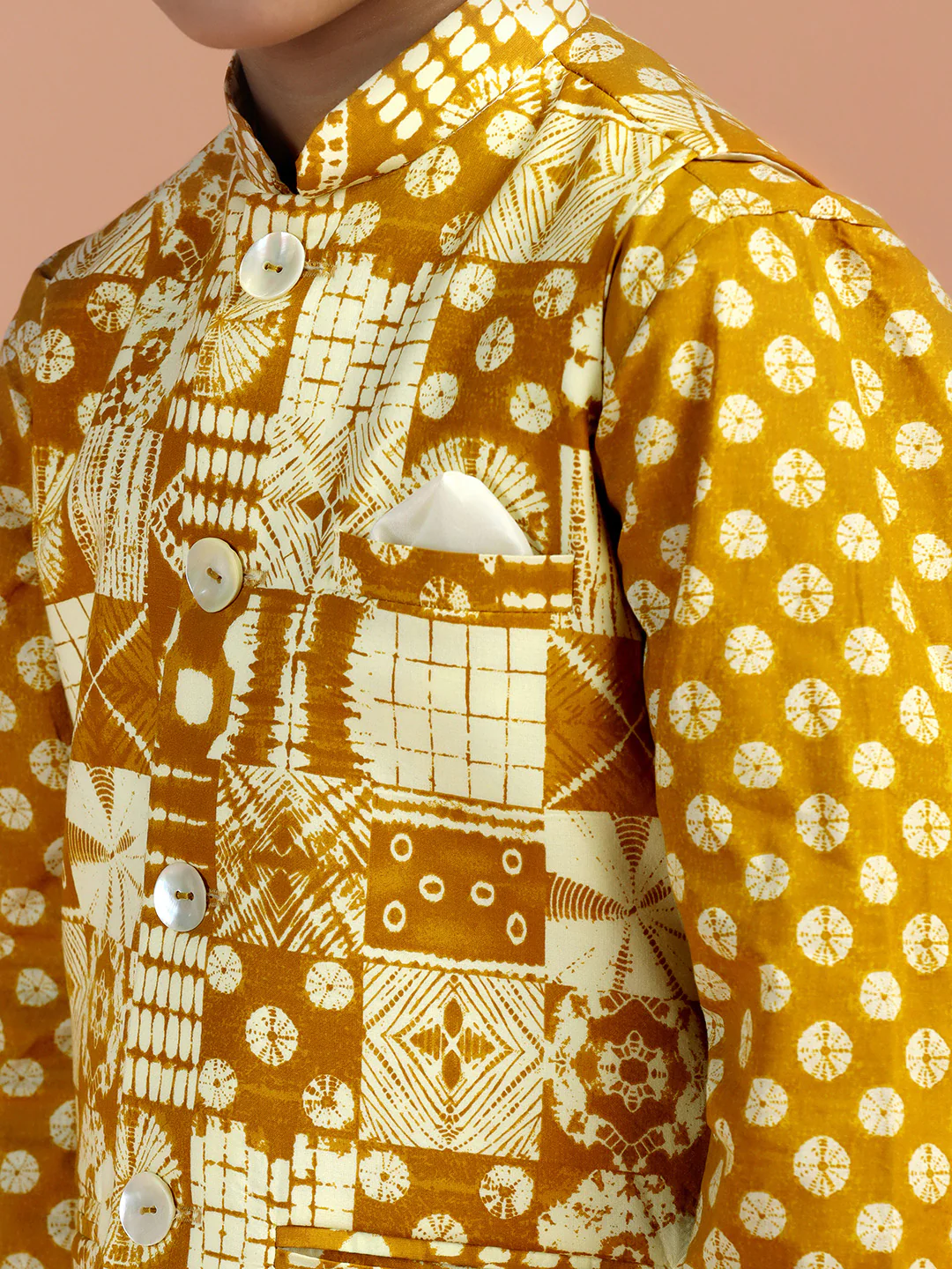 Mustard Printed Kids Kurta Jacket Set - Image 5