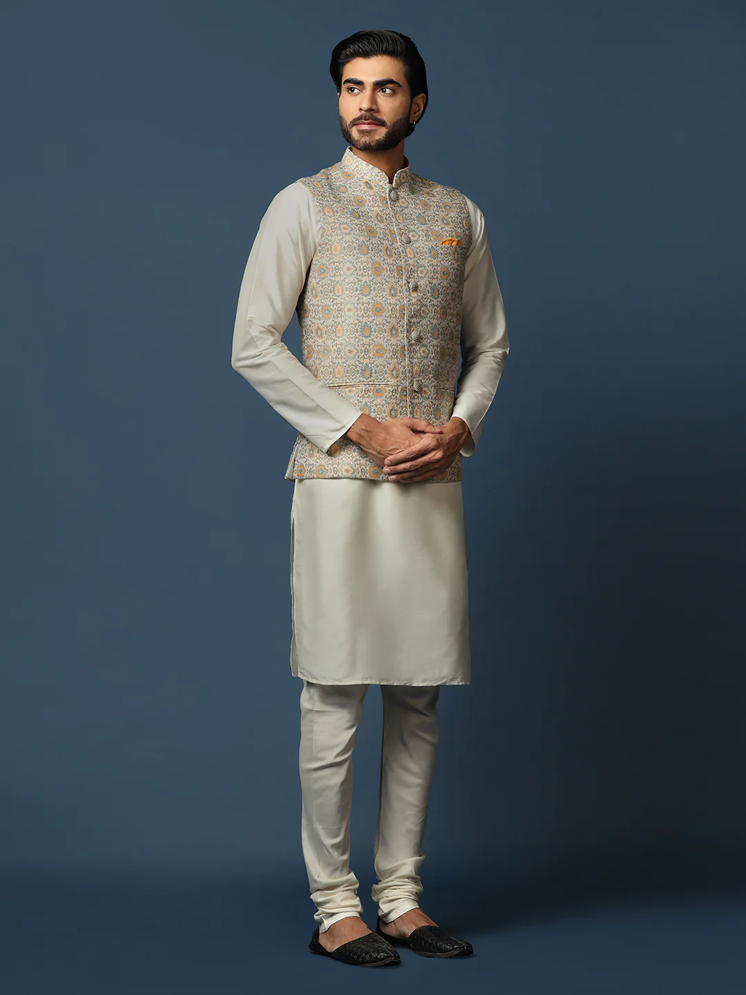Beige Silk Blend Textured Nehru Jacket Kurta Churidar - Image 3