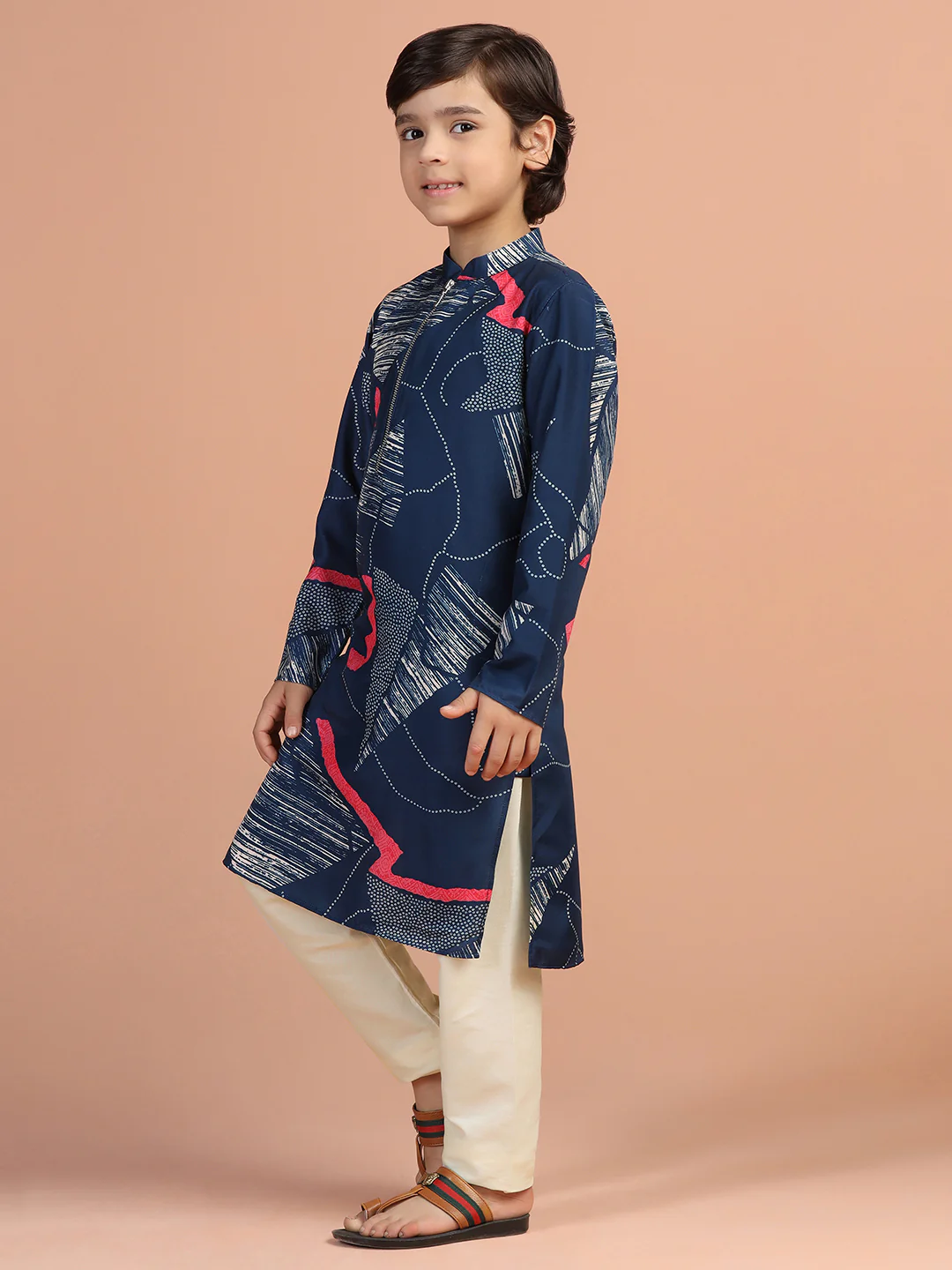 Navy Abstract Print Kids Kurta Set - Image 2
