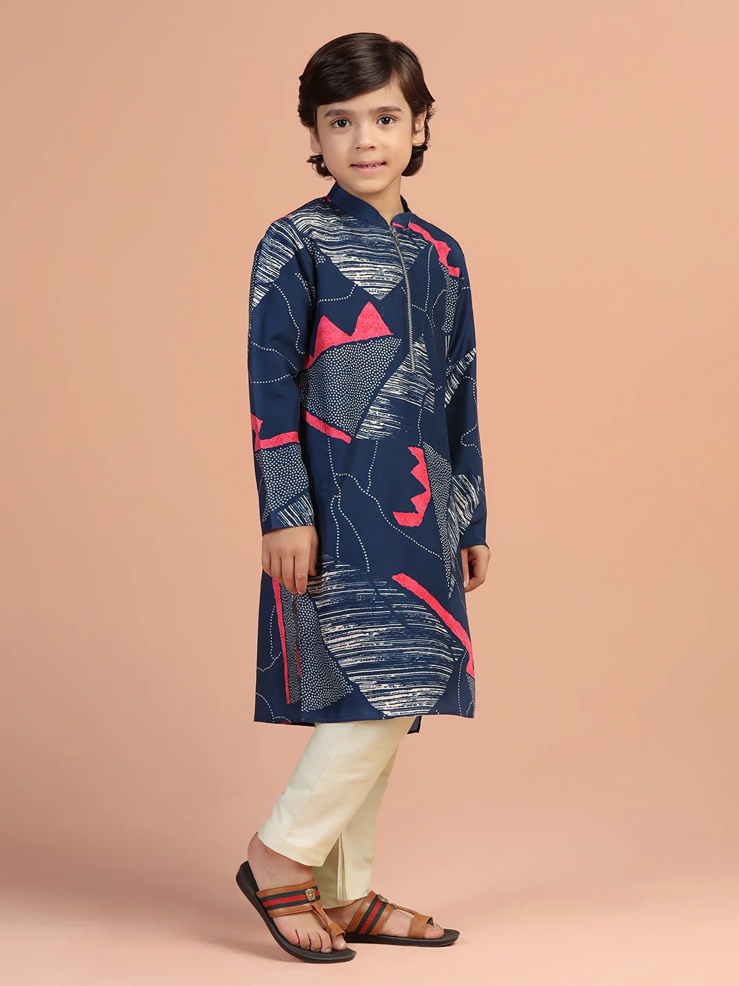 Navy Abstract Print Kids Kurta Set - Image 3