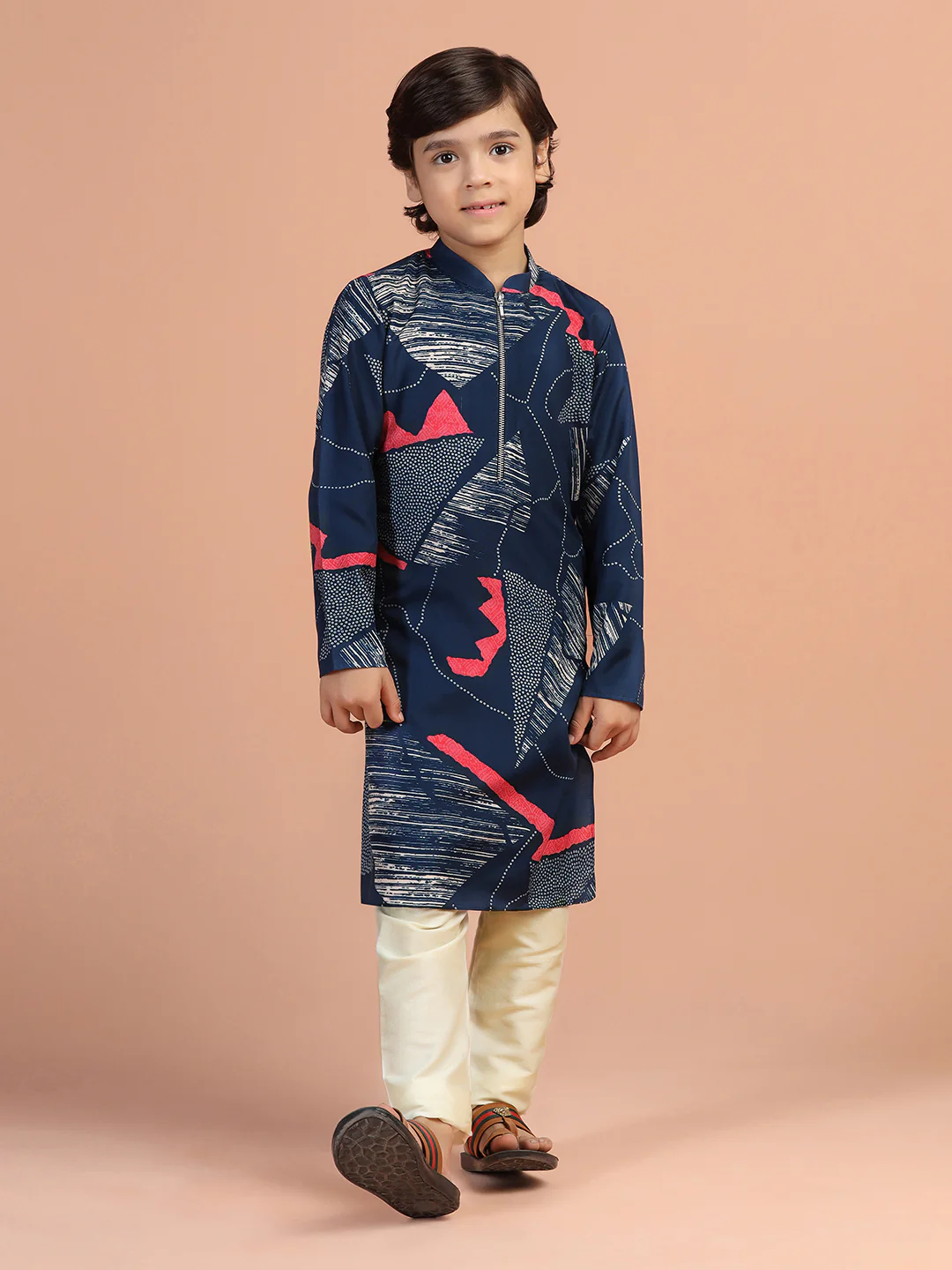 Navy Abstract Print Kids Kurta Set - Image 7