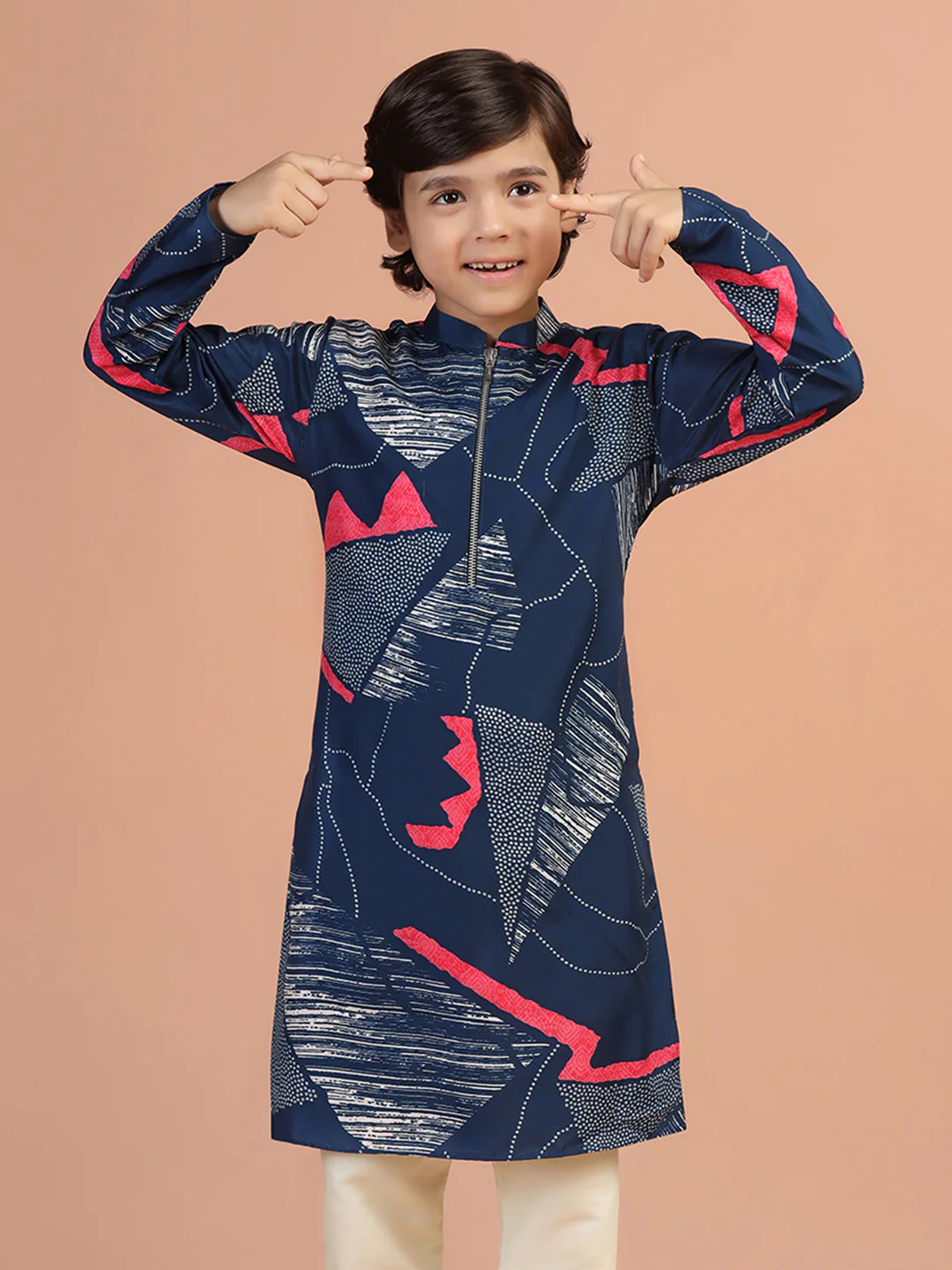 Navy Abstract Print Kids Kurta Set - Image 9