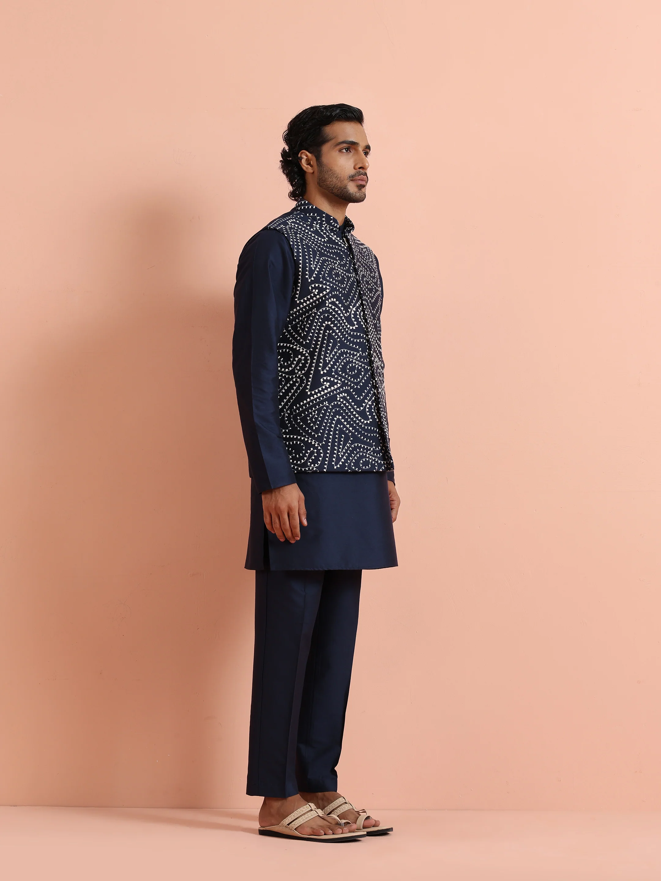 Navy Blue Abstract Printed Nehru Jacket - Image 3