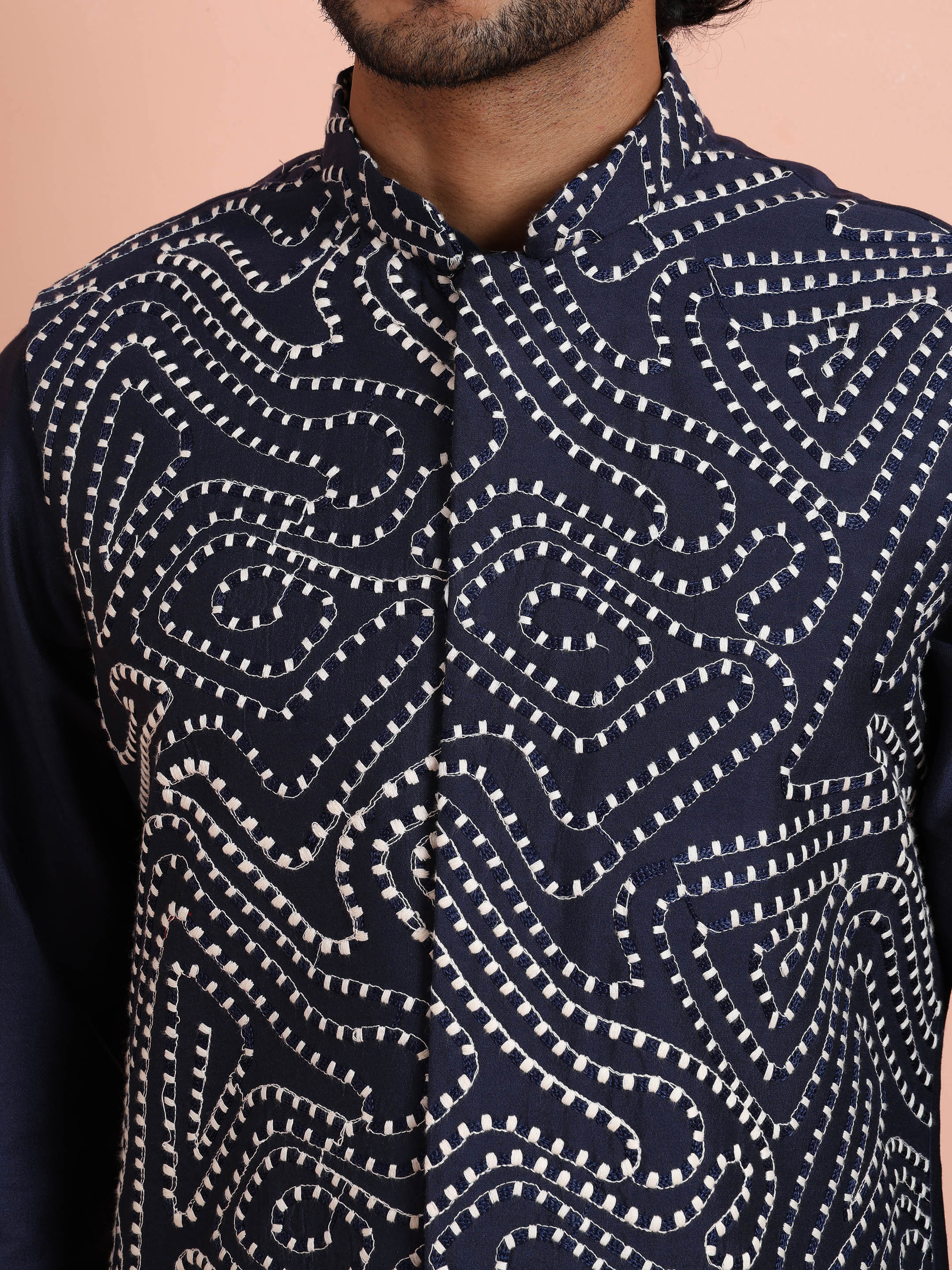 Navy Blue Abstract Printed Nehru Jacket - Image 5