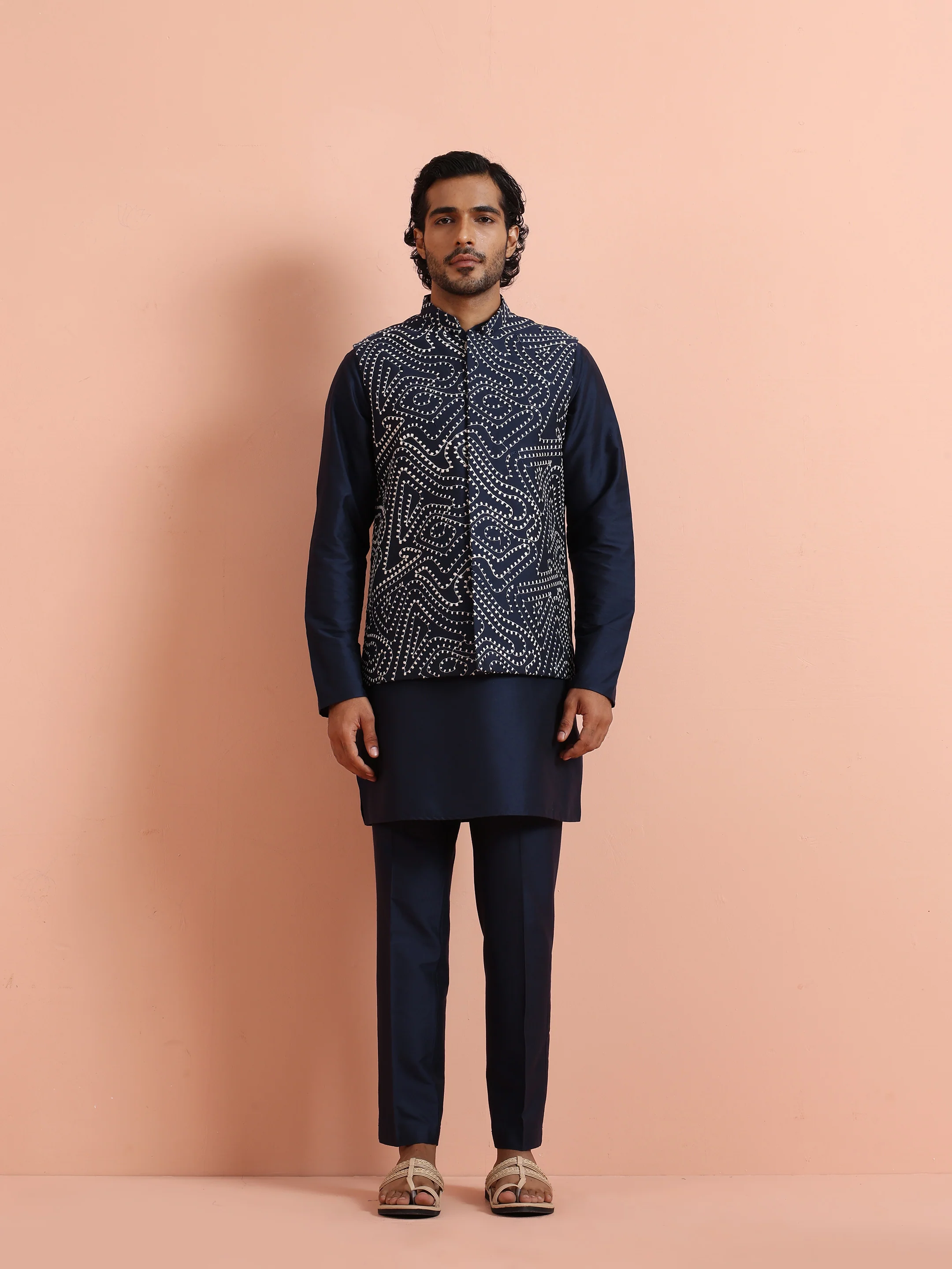 Navy Blue Abstract Printed Nehru Jacket - Image 6
