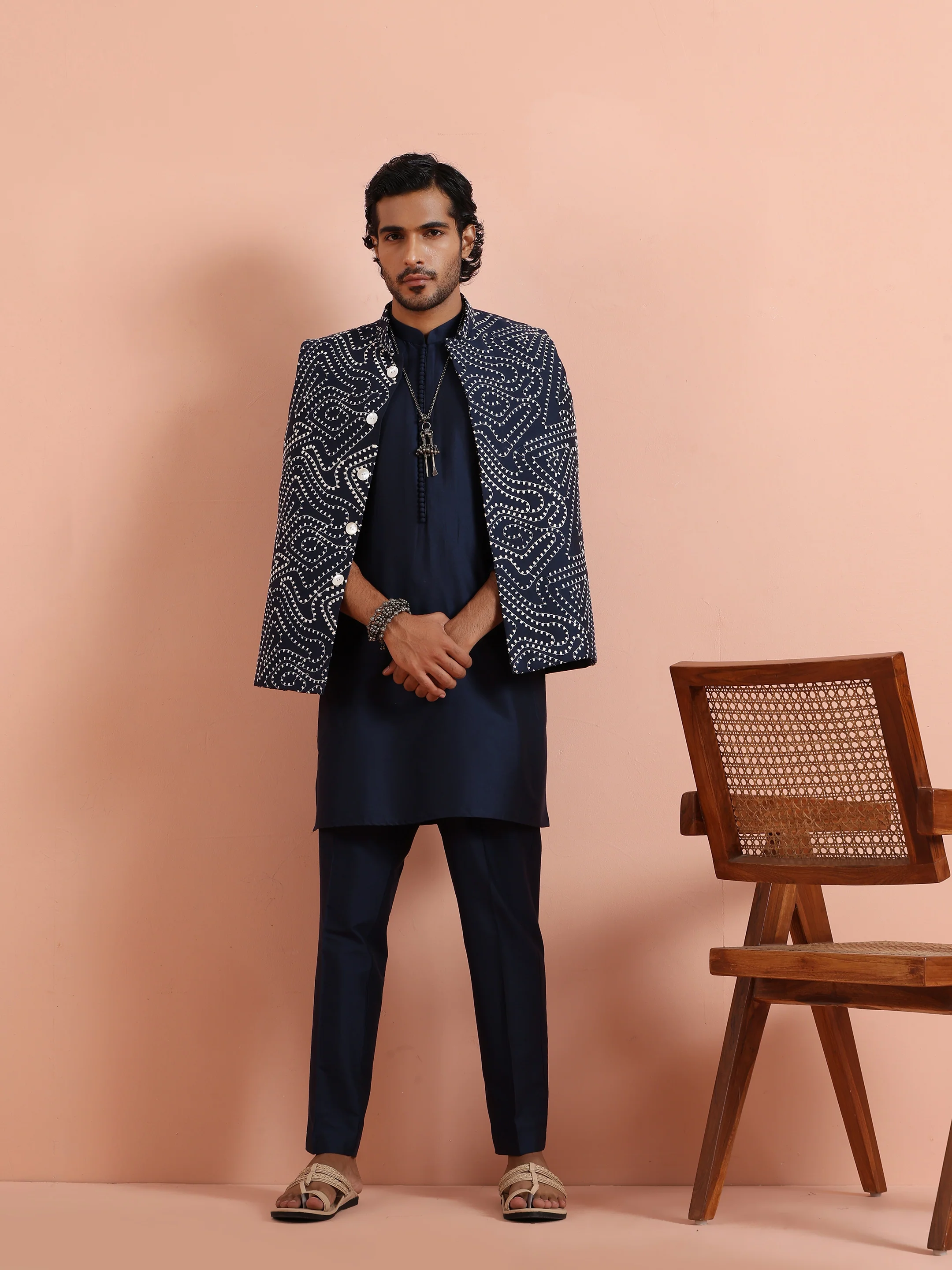 Navy Blue Abstract Printed Nehru Jacket - Image 7