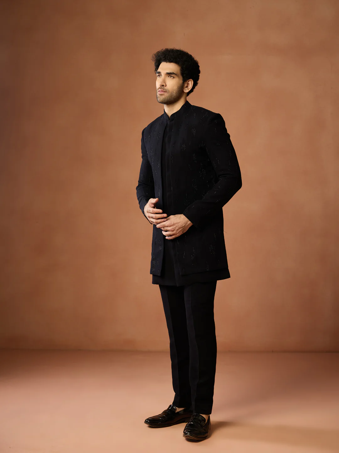 Black Silk Blend Embellished Short Sherwani Set - Image 2
