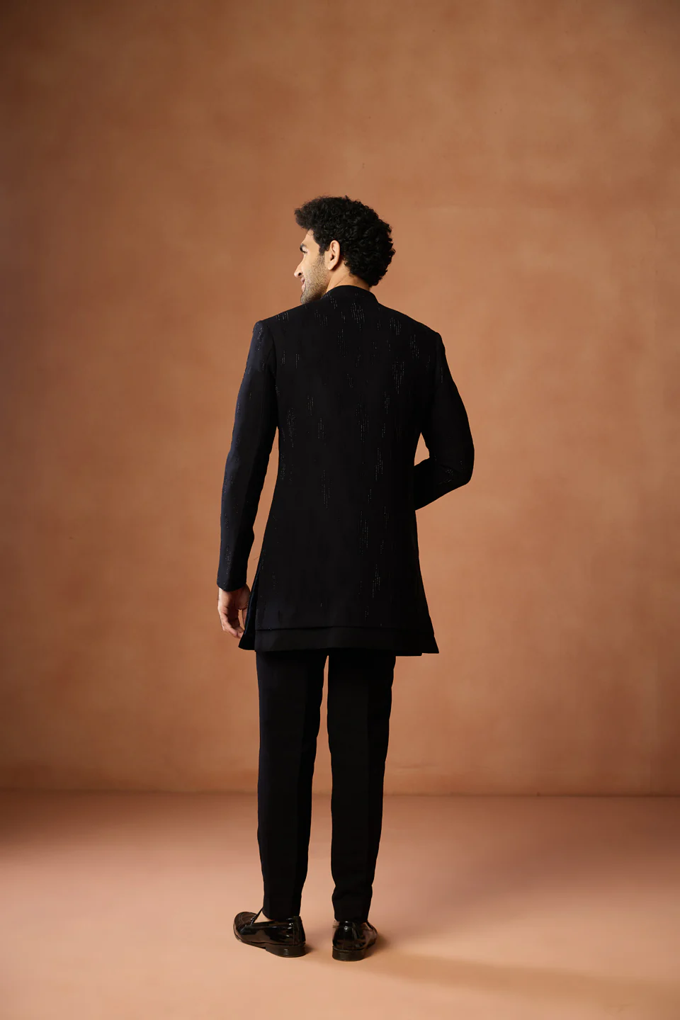 Black Silk Blend Embellished Short Sherwani Set - Image 4