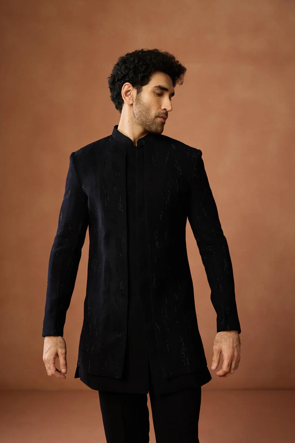 Black Silk Blend Embellished Short Sherwani Set - Image 8