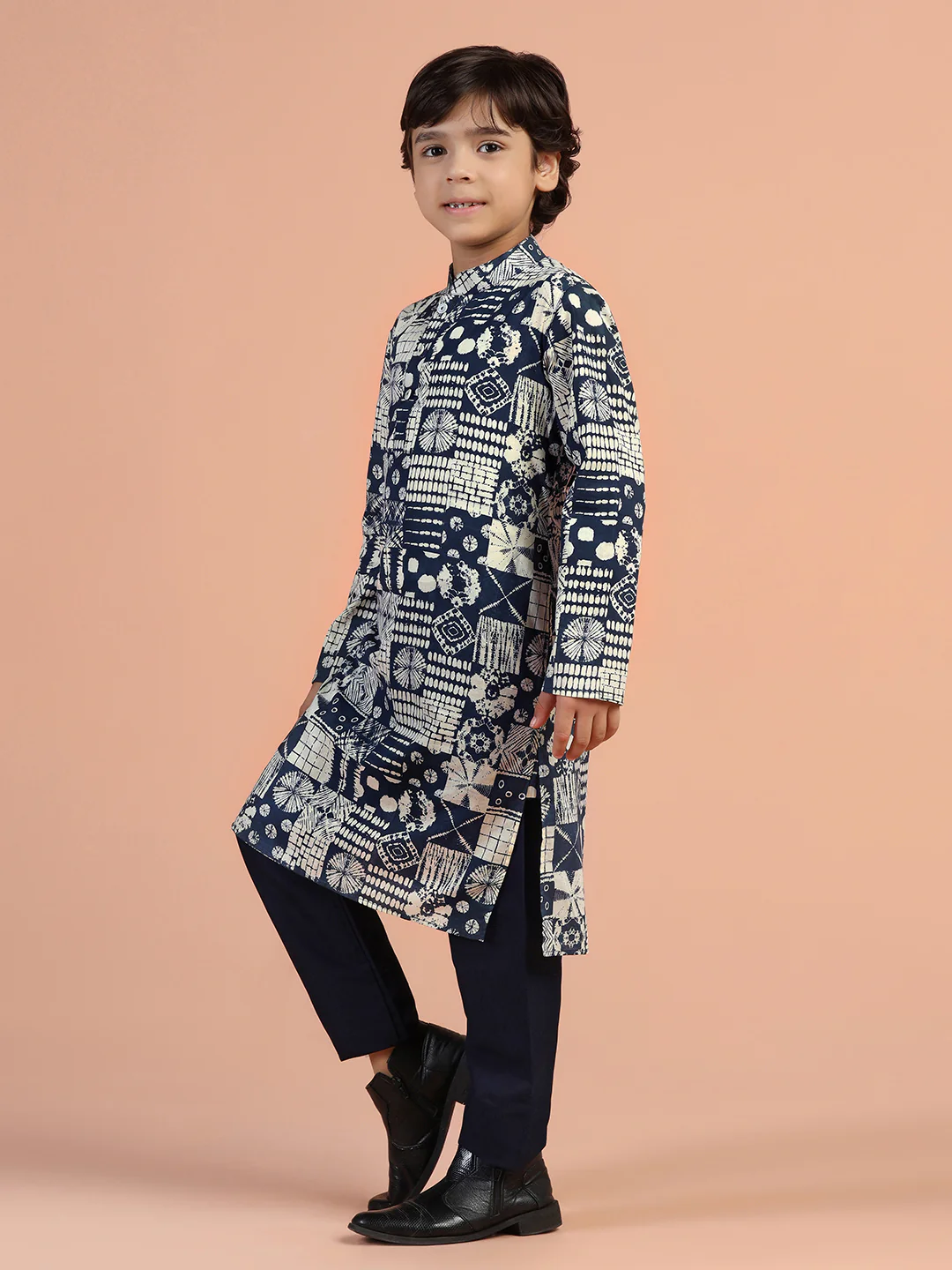 Navy Blue Block Print Kids Kurta Set - Image 2
