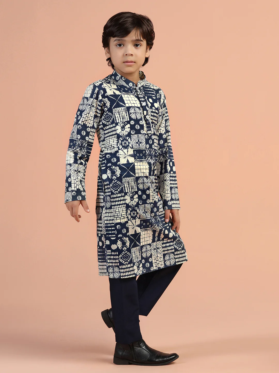 Navy Blue Block Print Kids Kurta Set - Image 3