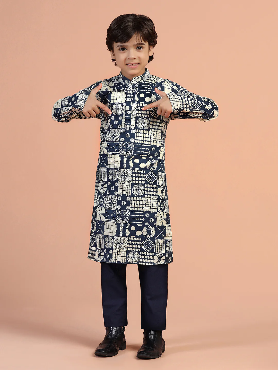 Navy Blue Block Print Kids Kurta Set - Image 7
