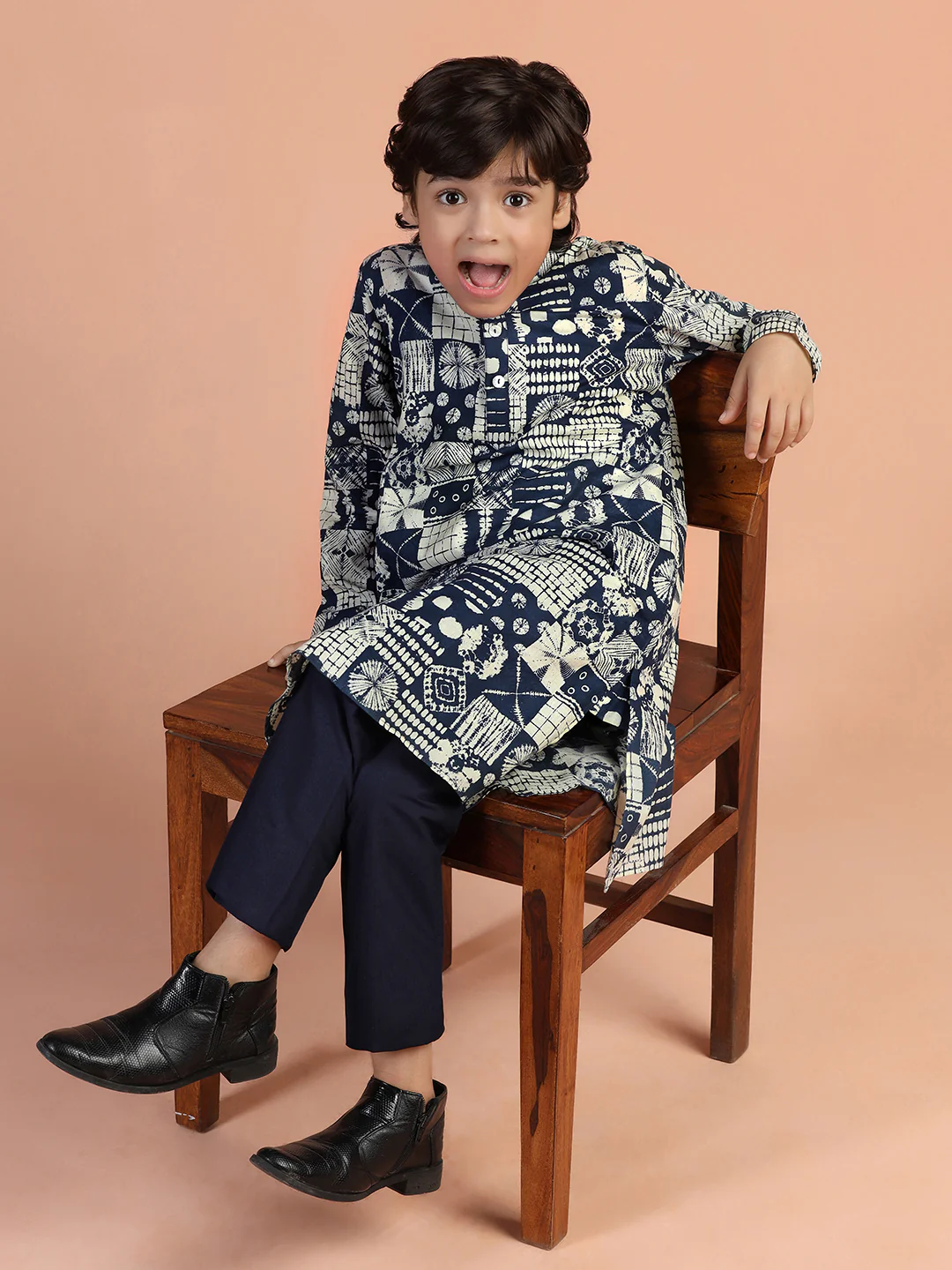 Navy Blue Block Print Kids Kurta Set - Image 8
