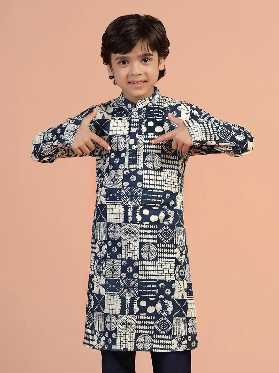 Navy Blue Block Print Kids Kurta Set - Image 9