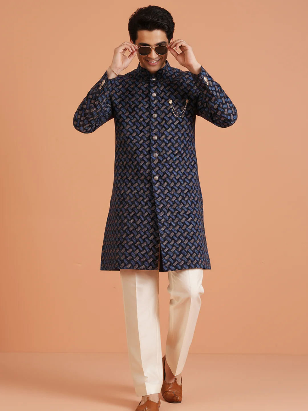 Navy Blue Brocade Sherwani Trouser Set - Image 2