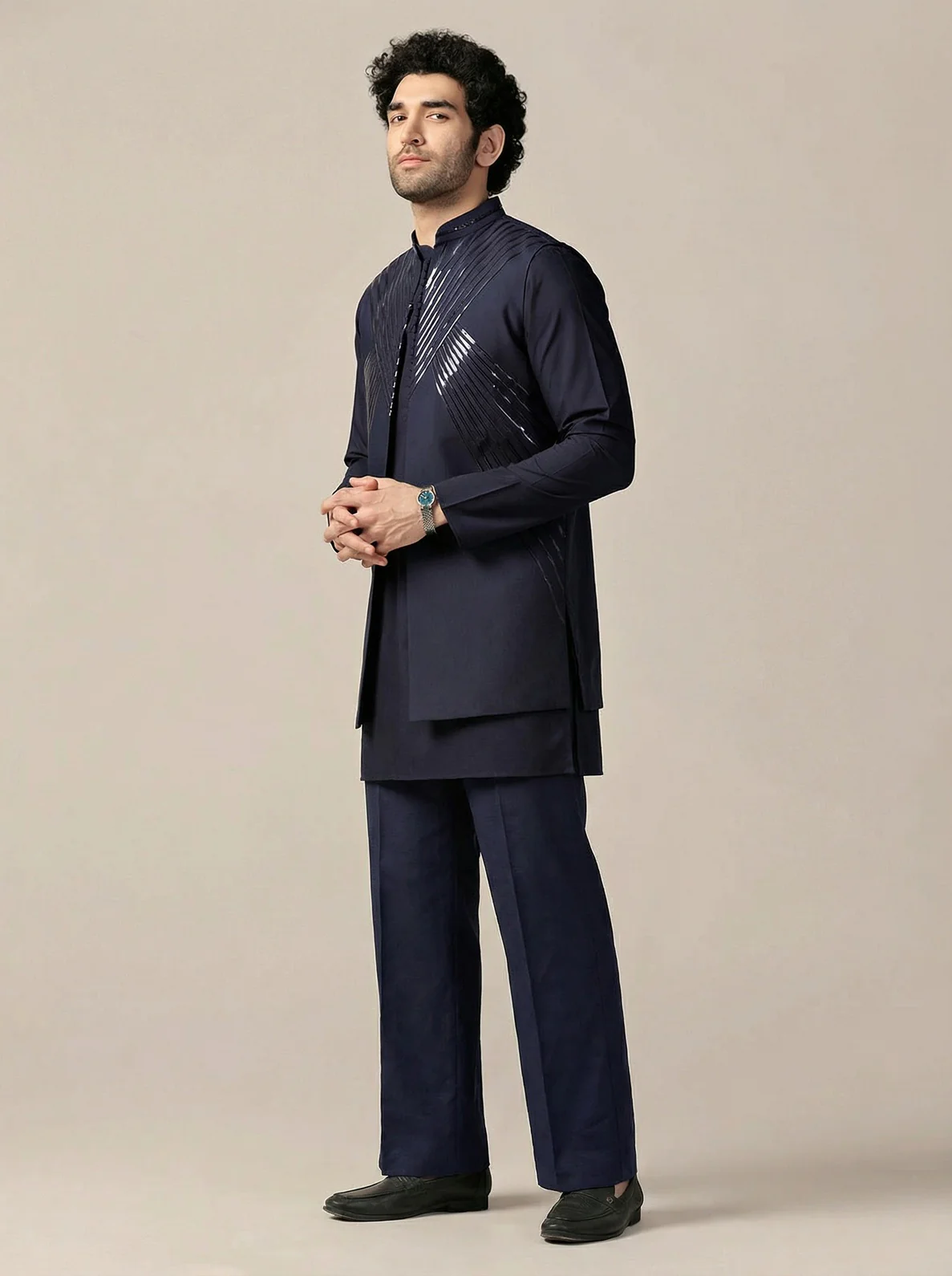 Navy Blue Cotton Blend Embellished Mid Kurta Front Open Jacket Wide Leg Trouser Set - Image 2