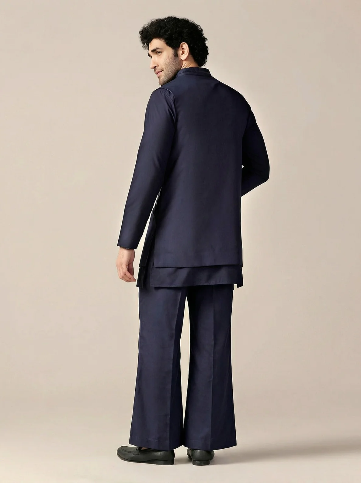 Navy Blue Cotton Blend Embellished Mid Kurta Front Open Jacket Wide Leg Trouser Set - Image 3