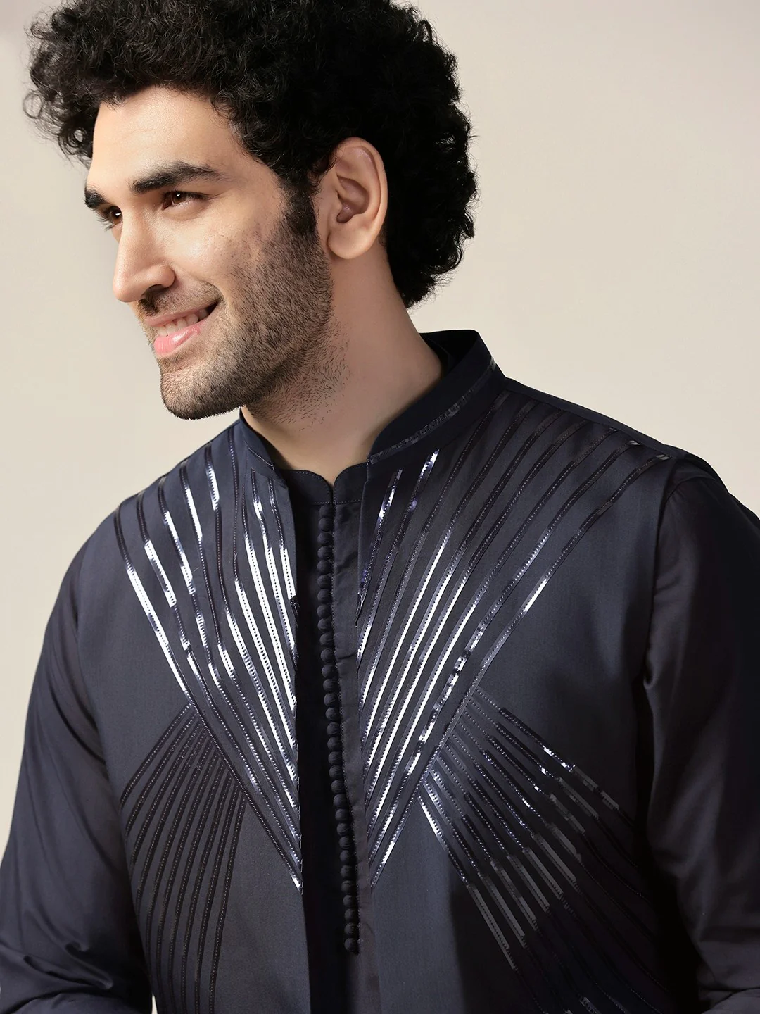 Navy Blue Cotton Blend Embellished Mid Kurta Front Open Jacket Wide Leg Trouser Set - Image 4