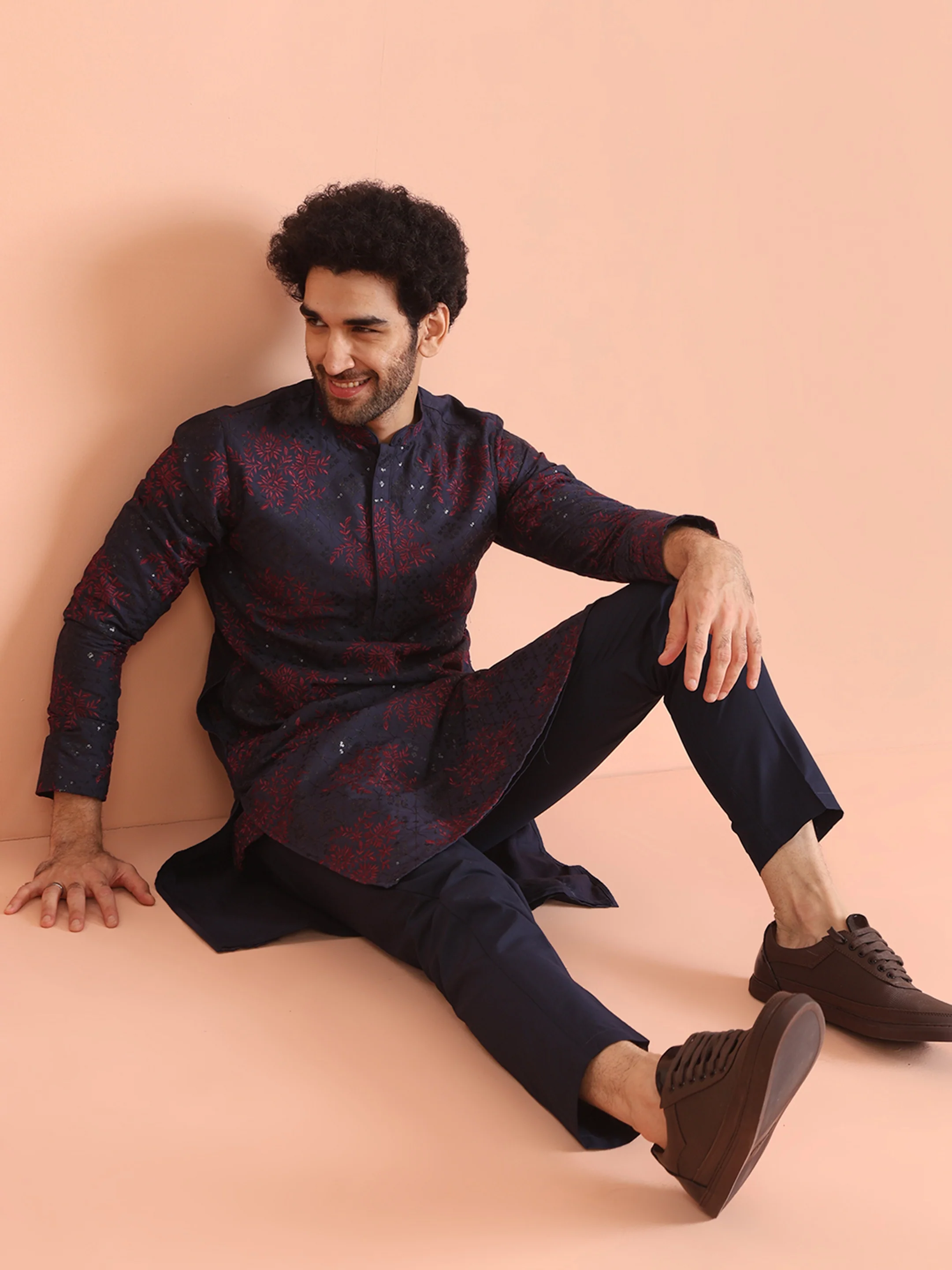Navy Blue Cotton Blend Embroidered Mid Kurta Trouser Set - Image 7