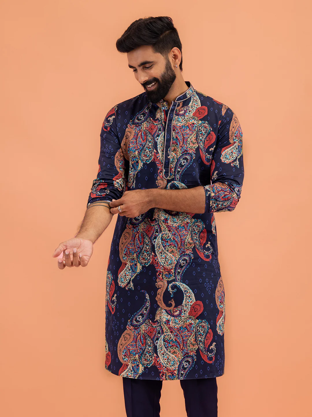 Navy Blue Cotton Blend Printed Long Kurta - Image 8