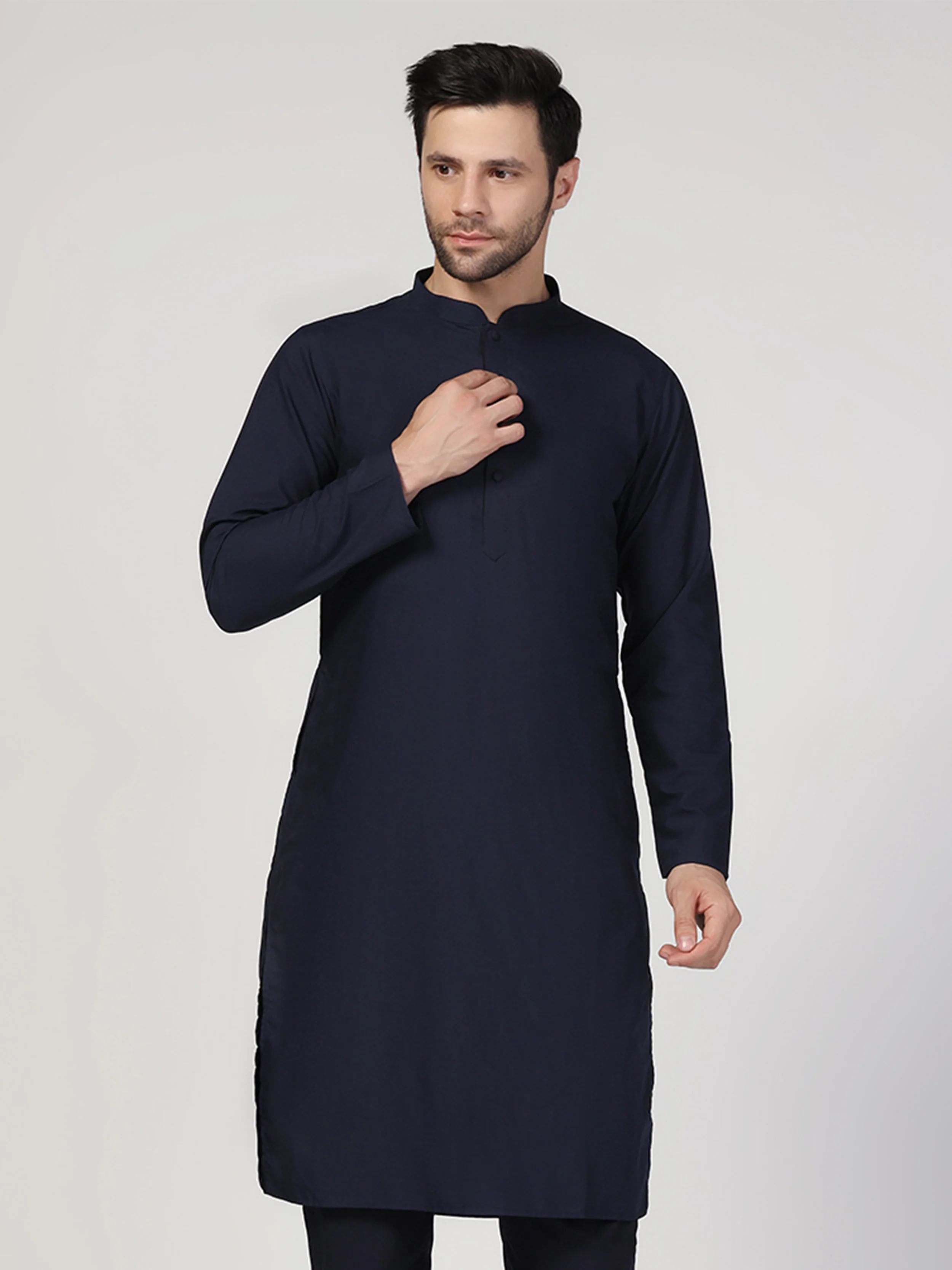 Navy Blue Cotton Blend Solid Plain Kurta - Image 8