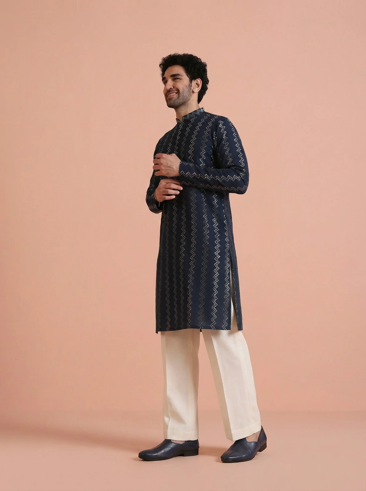 Navy Blue Cotton Blend Textured Kurta Wide Leg Trouser Set - Image 2
