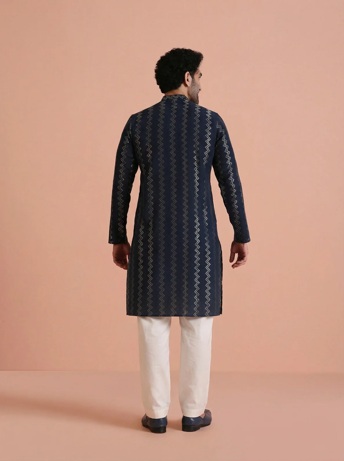 Navy Blue Cotton Blend Textured Kurta Wide Leg Trouser Set - Image 3